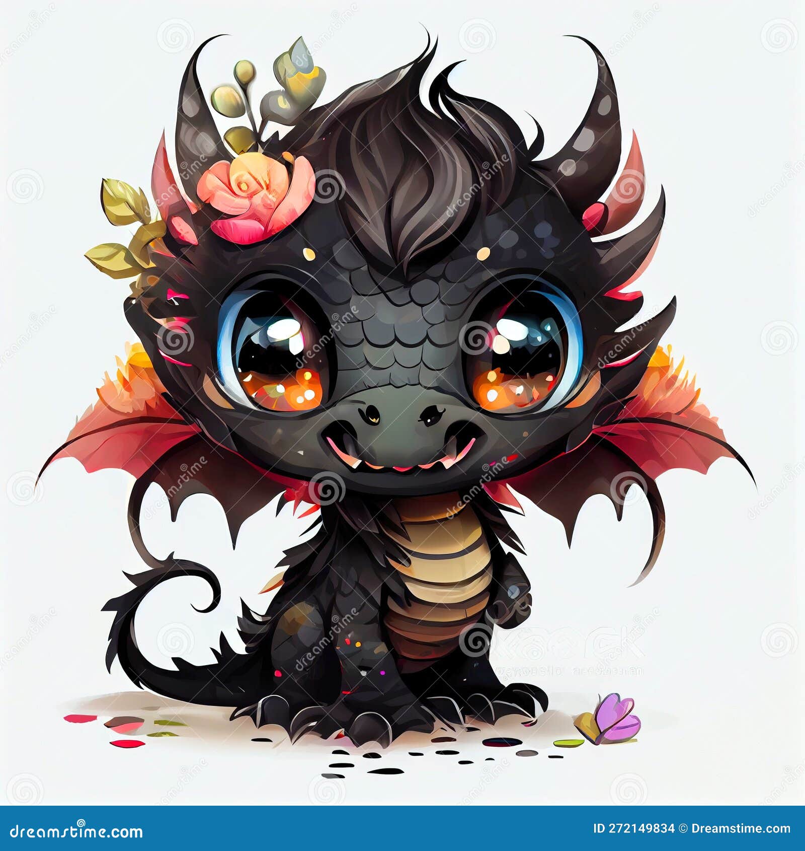 Fantasy Cute Baby Black Dragon with Flower Stock Photo - Image of ...