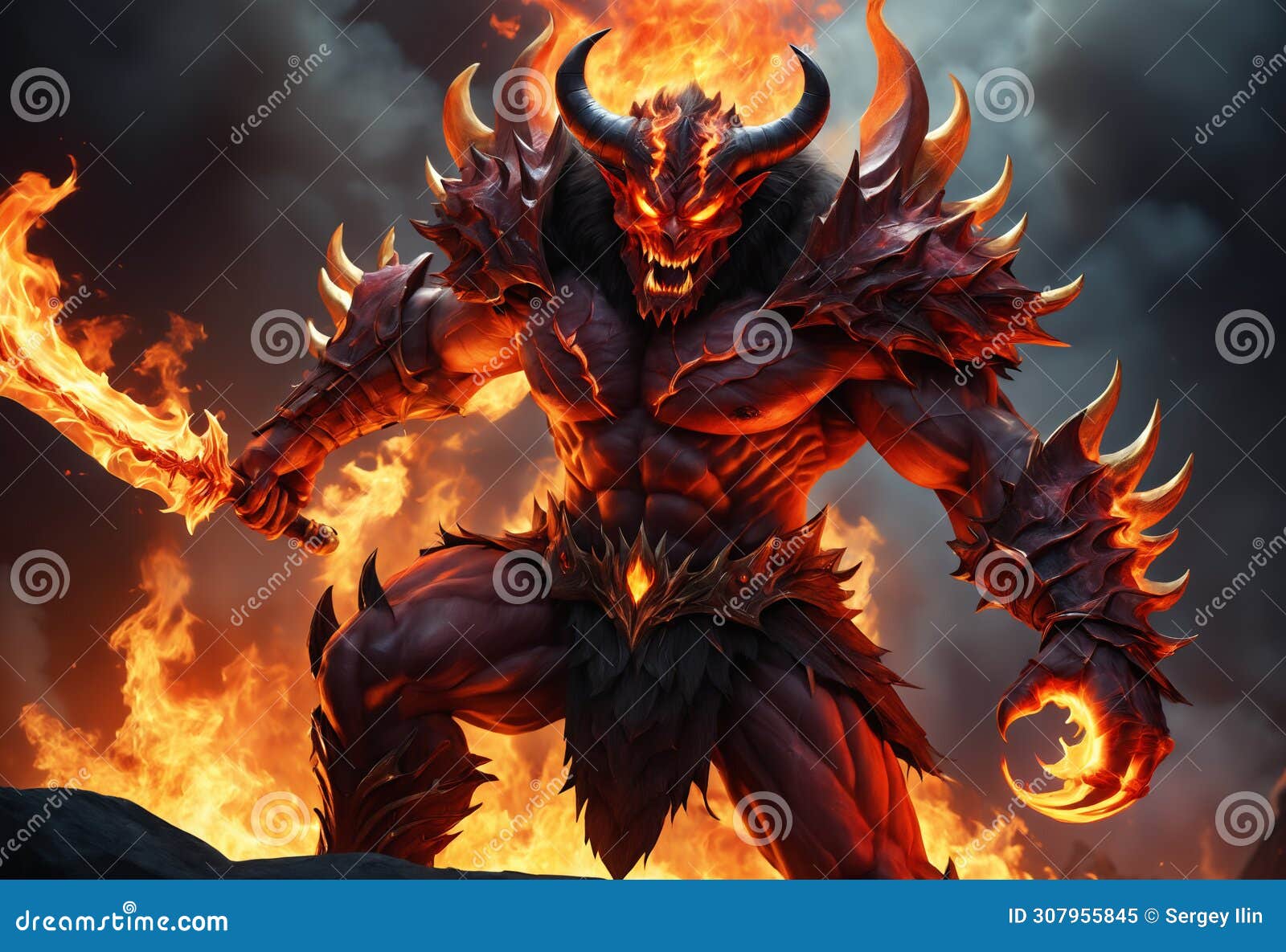 Skeleton of Demon Warrior in Fire with Generative AI Technology