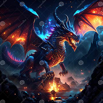 Fantasy Dragon Flying in the Night Sky. 3D Illustration Stock ...