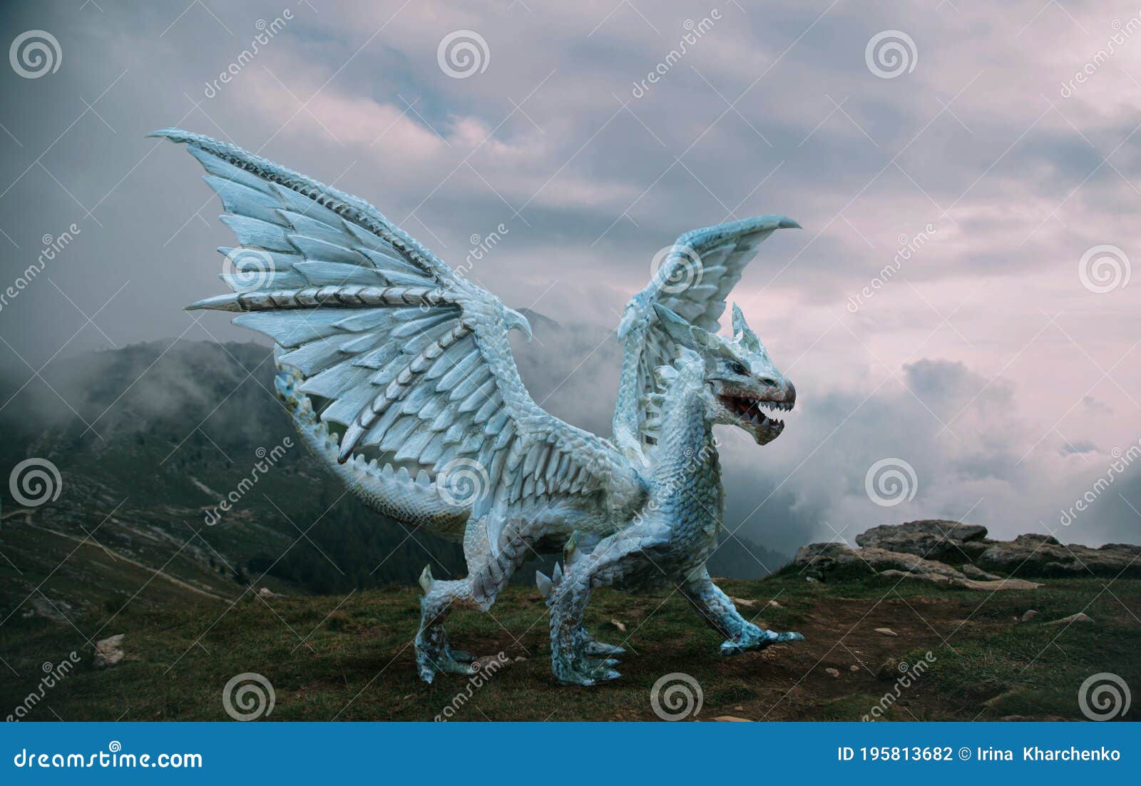 Fantasy Dragon Stands on the Top of the Mountain. a Huge Dangerous Animal  with Large, Sharp Wings Stock Photo - Image of gothic, darkness: 195813682