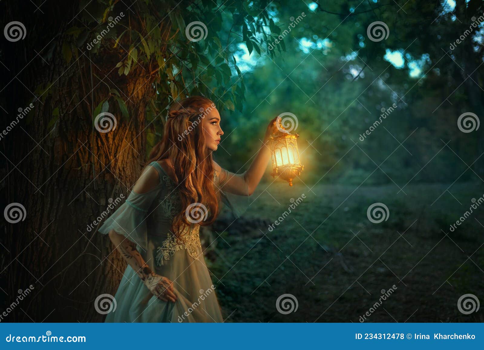 Fantasy Elf Princess Woman Walks in Dark Night Forest, Holding ...