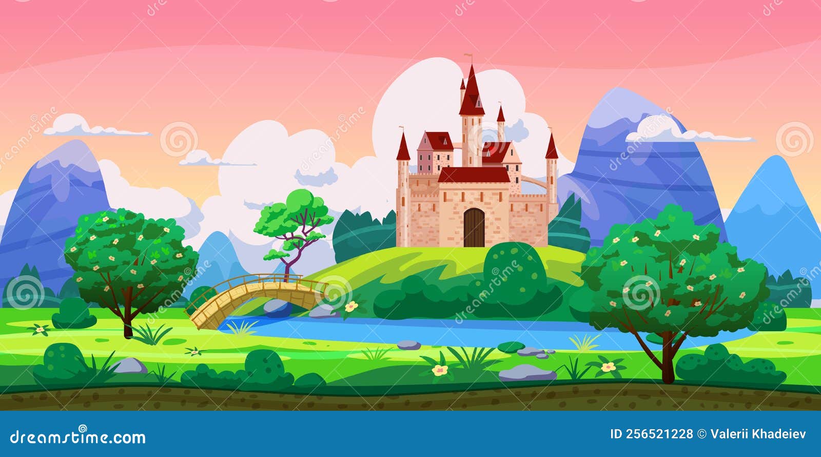 Fantasy Fairytale Castle Landscape, Green Hills, Trees, Spring, River,  Mountains, Panorama. Vector Cartoon Background Stock Vector - Illustration  of flat, level: 256521228