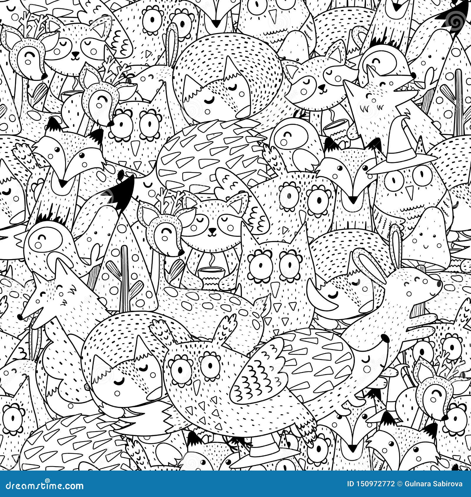 Fantasy Forest Animals Black and White Seamless Pattern. Great for Coloring  Page, Prints Stock Vector - Illustration of animals, kids: 150972772