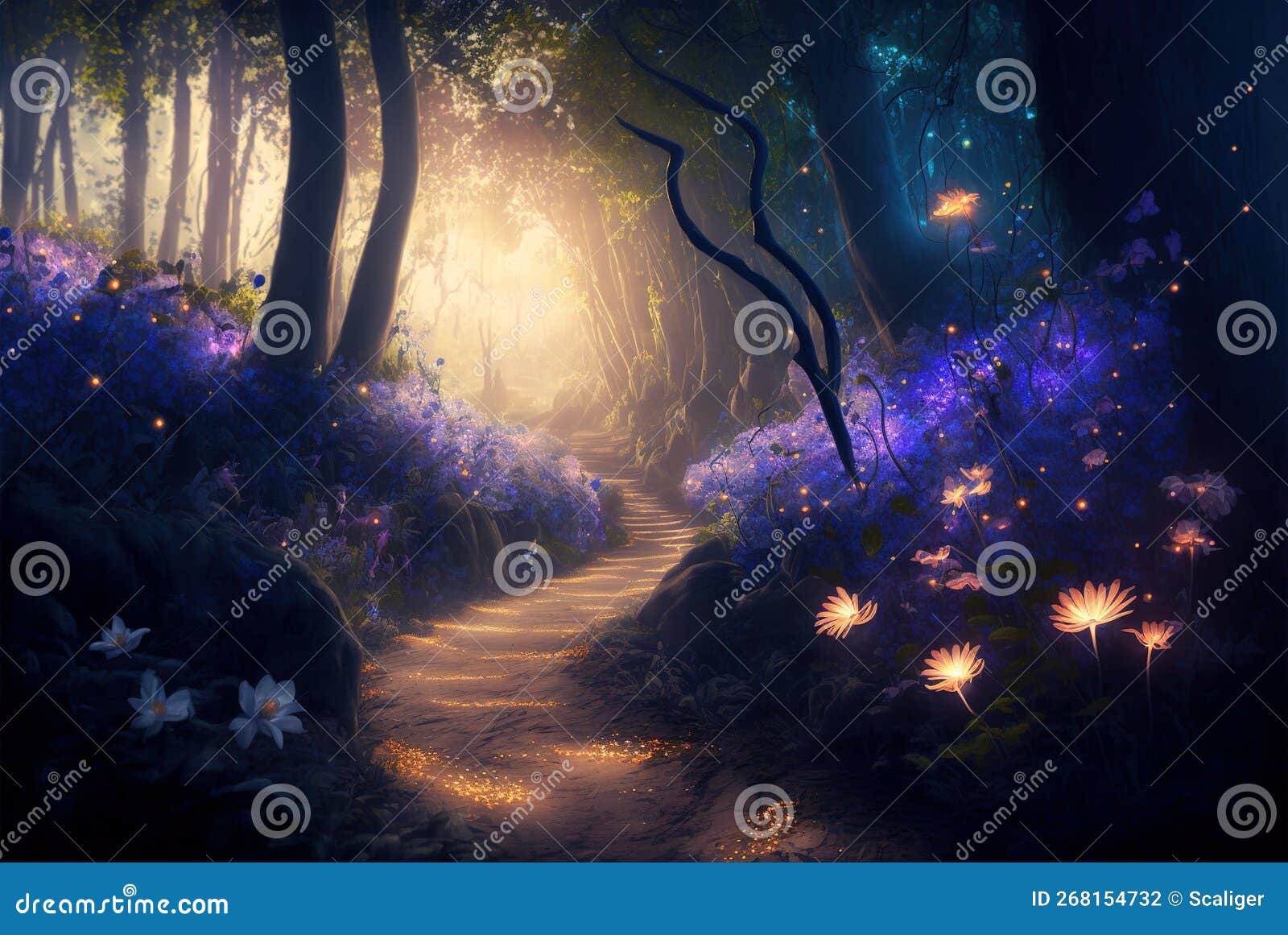 anime scenery of a forest with a path and flowers. generative ai