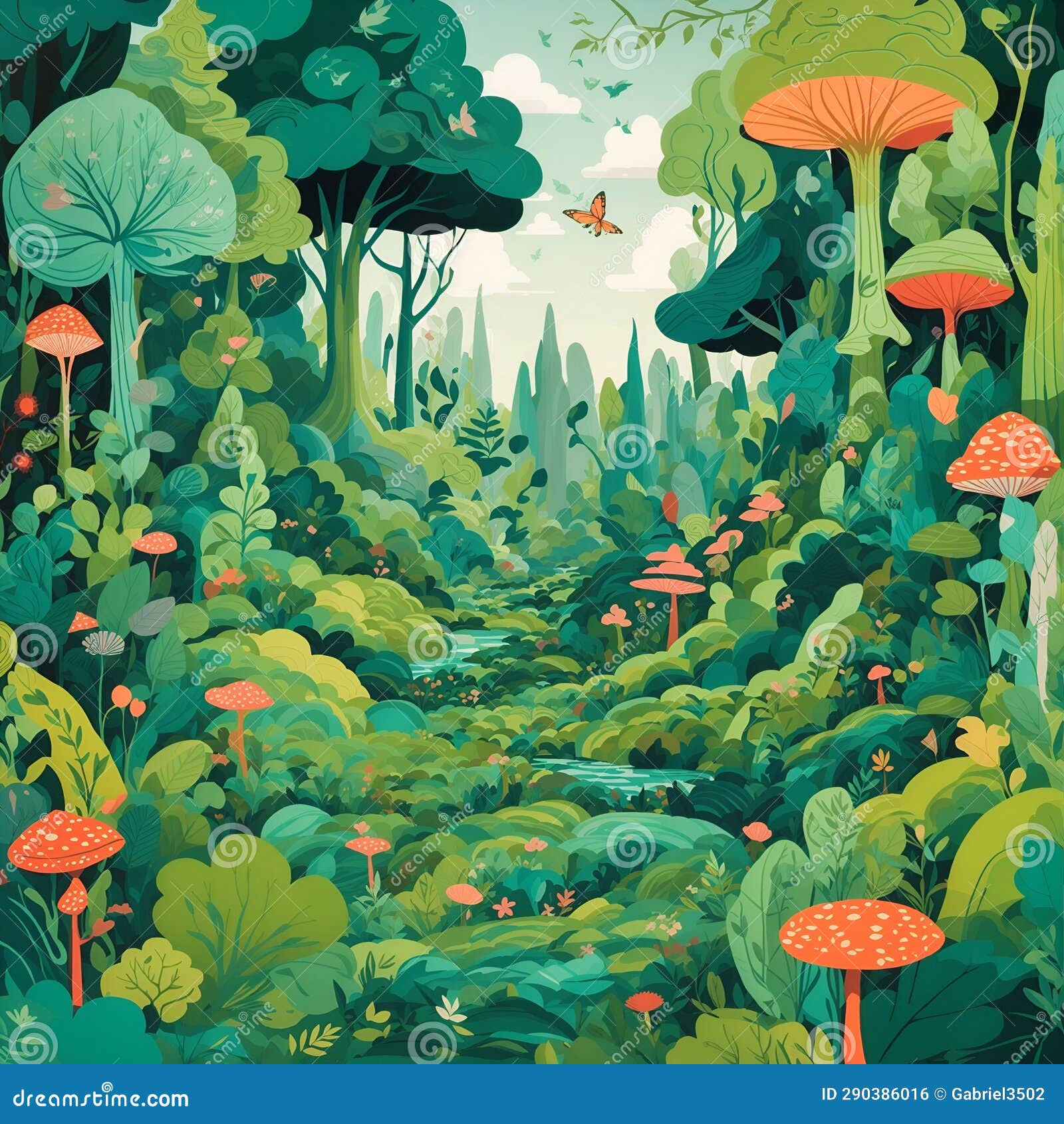 Fantasy Forest Vector Illustration. Enchanting Fantasy Forest Landscape