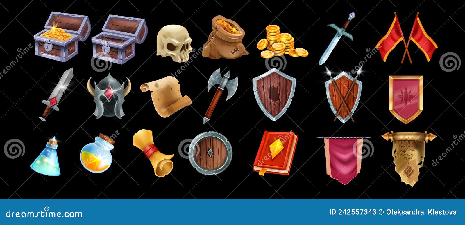 Fantasy Game Vector Icon Set, Medieval UI Game Badge, Wooden