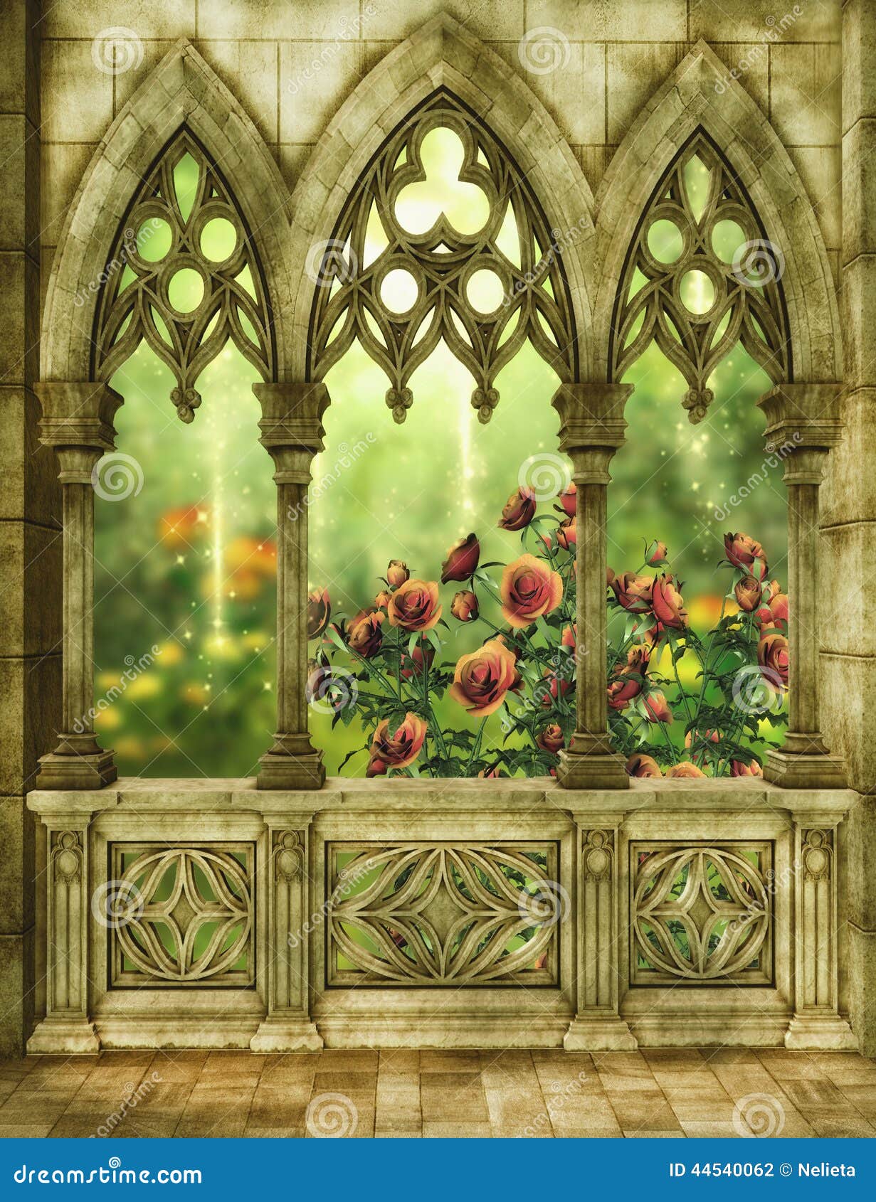 fantasy garden roses background patio d illustration 44540062