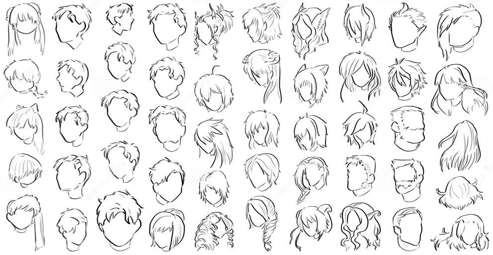 50 Fantasy Hairstyles (Short & Long) Digital Art Stock Illustration