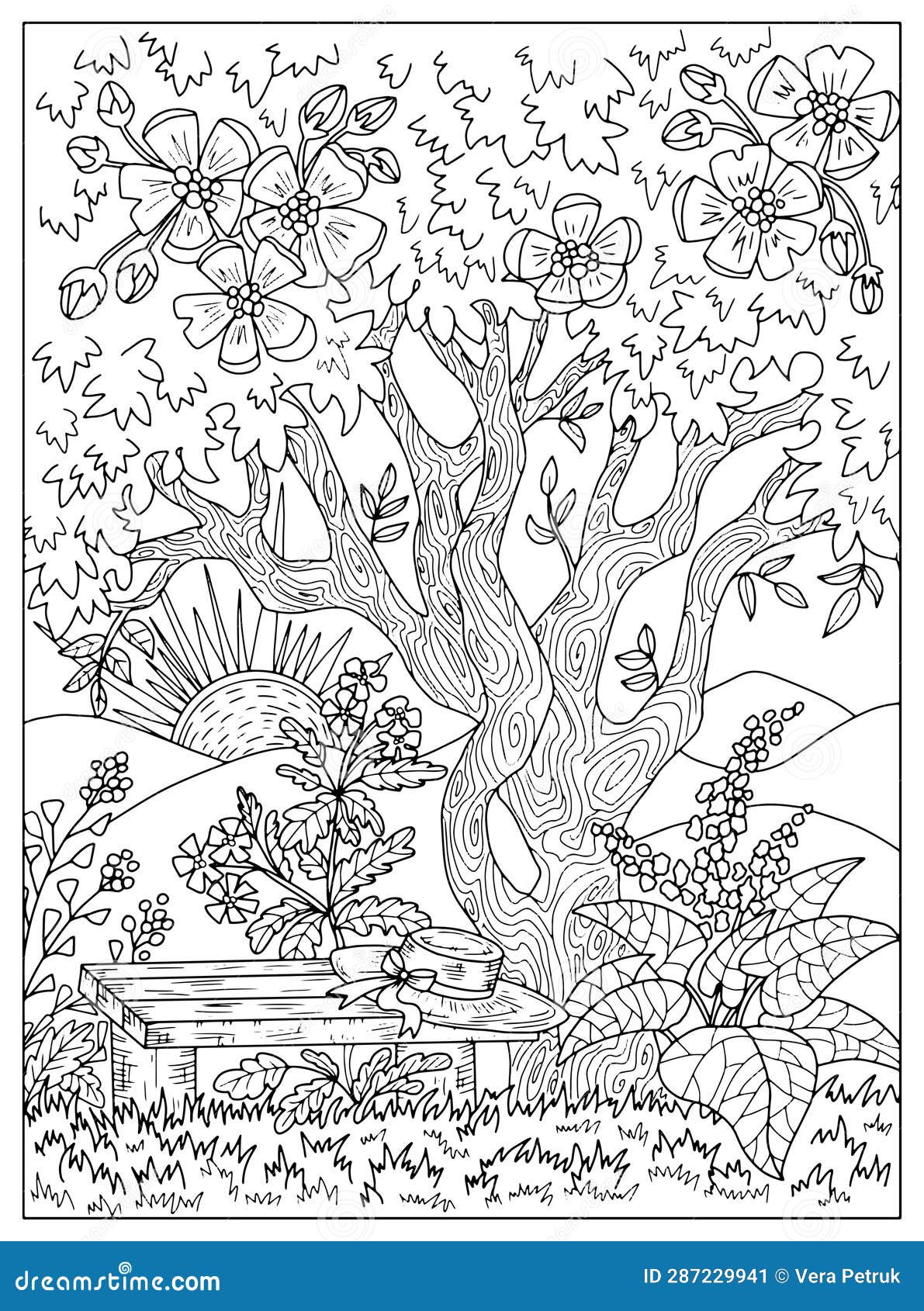 Vector Coloring Page with Wooden Bench Under Blooming Tree with Flowers ...
