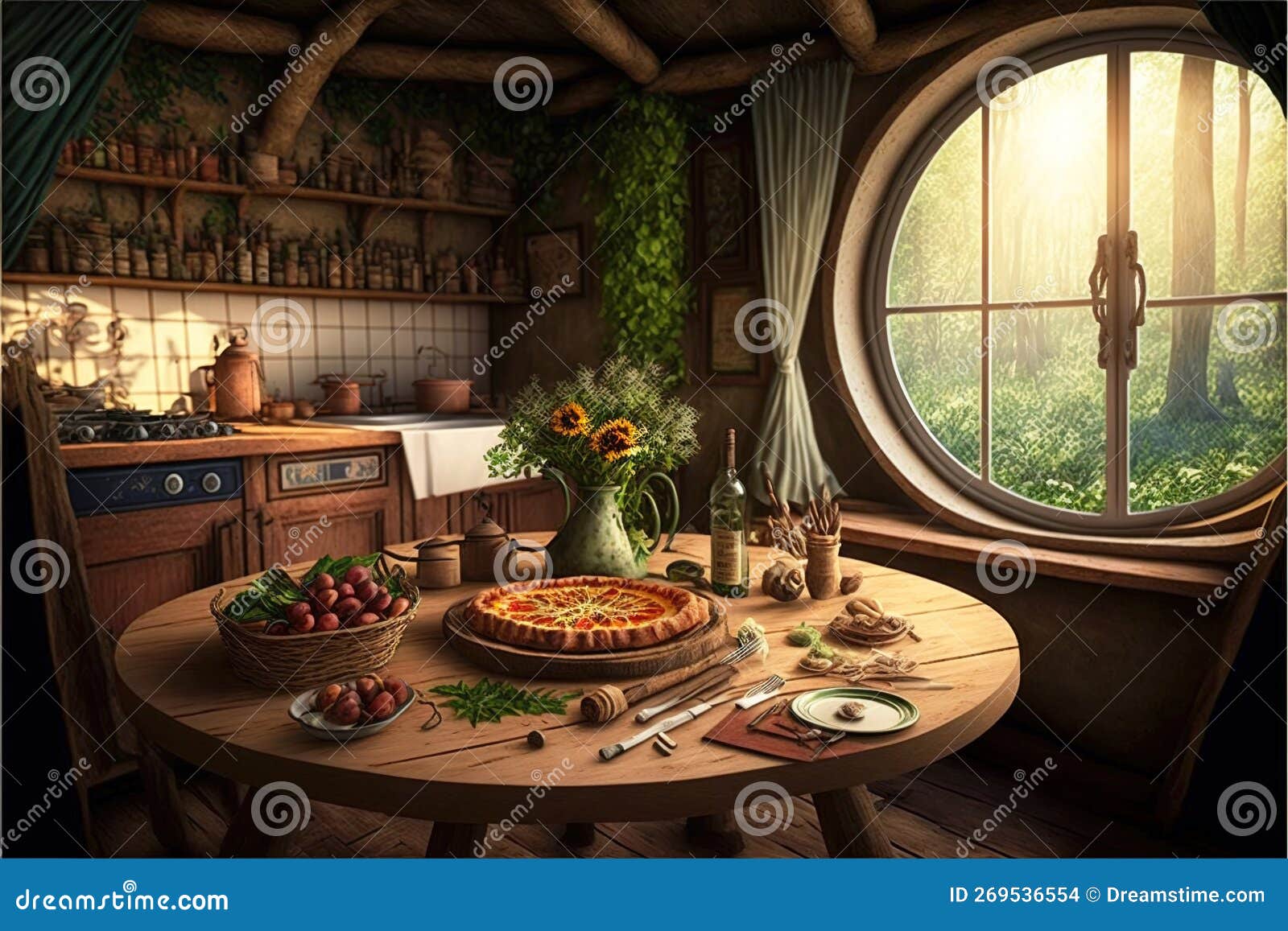 fantasy house interior, food on table in kitchen at hobbit home, generative ai