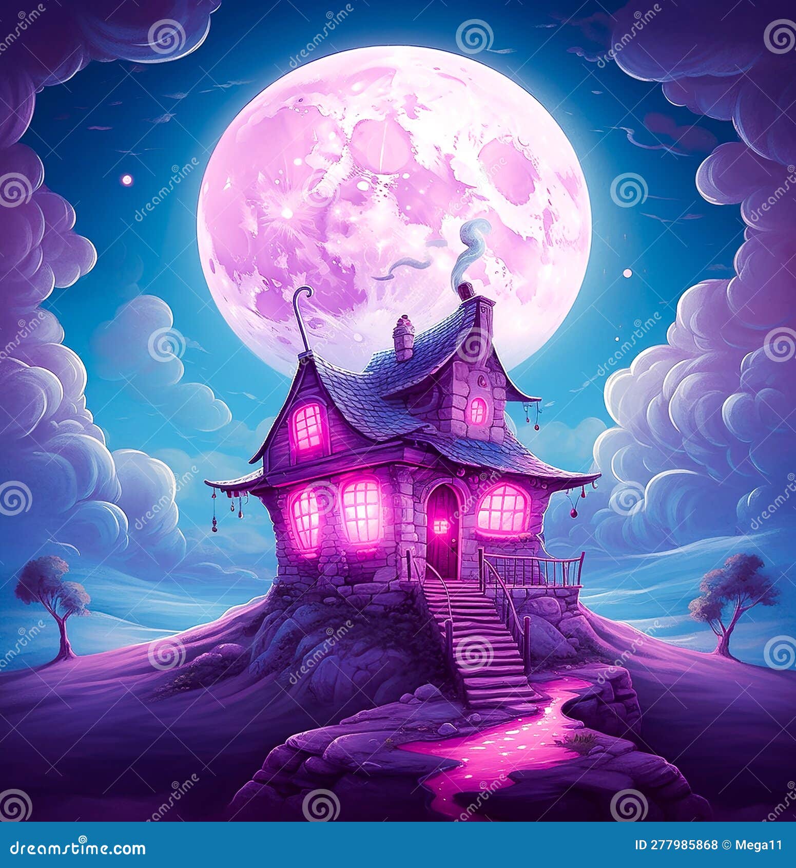 Generative AI Fantasy House in Magic Landscape with Amazing Sky Stock