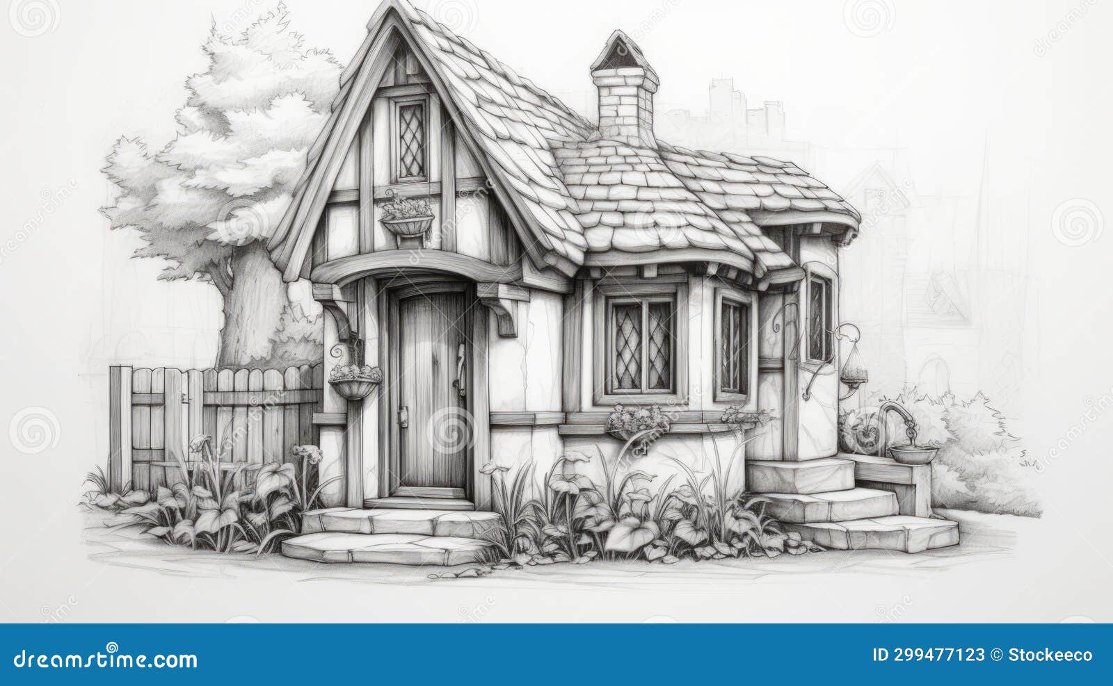 fantasy-inspired pencil drawing of an old style home