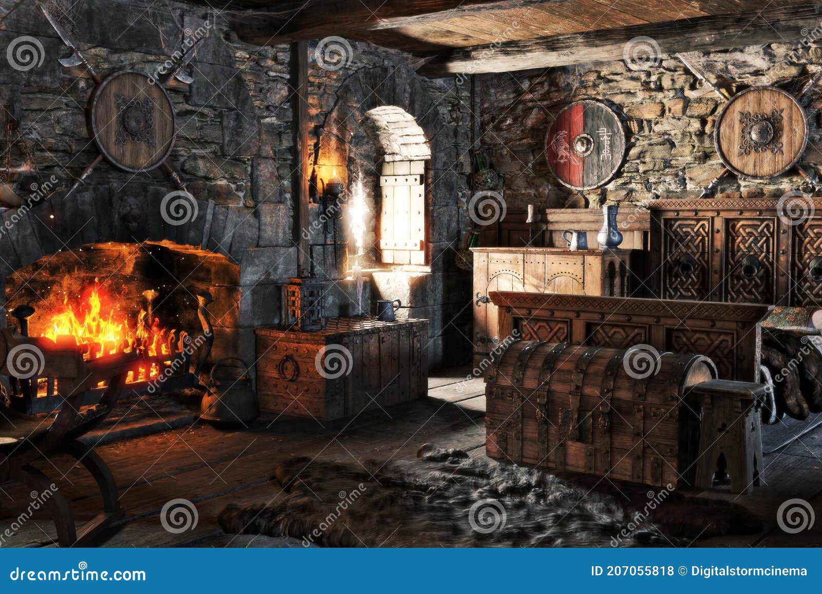 Fantasy Interior of a Medieval Bedroom with Traditional Decorations and a  Cozy Fireplace . Stock Illustration - Illustration of shield, fairy:  207055818