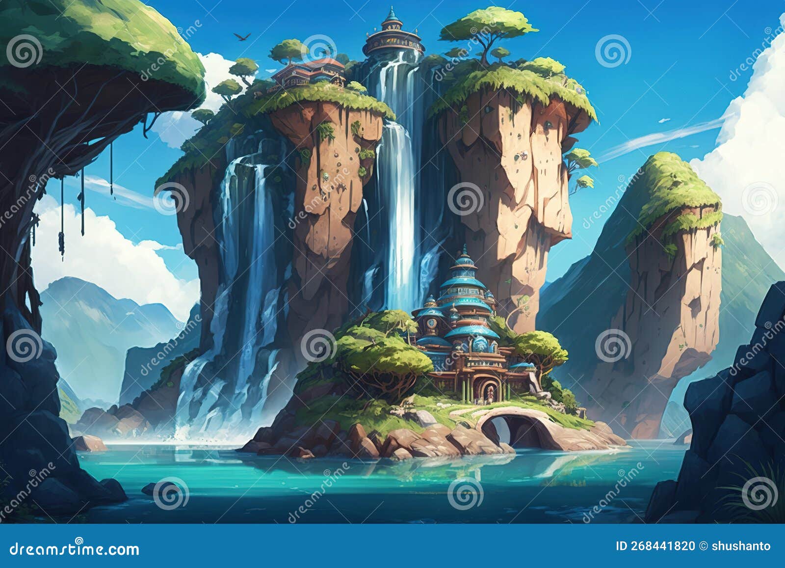 Fantasy Island of the World with Waterfalls Stock Photo - Image of