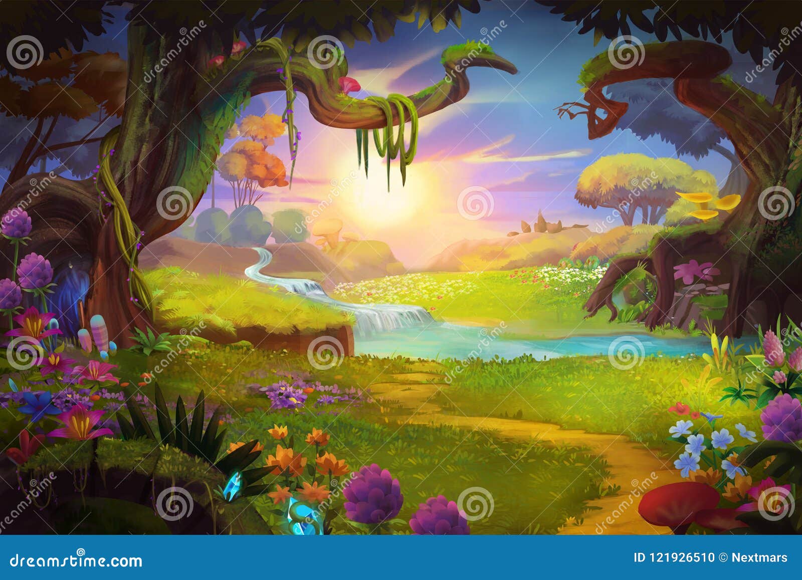 fantasy land, grass and hill, river and tree with fantastic, realistic style