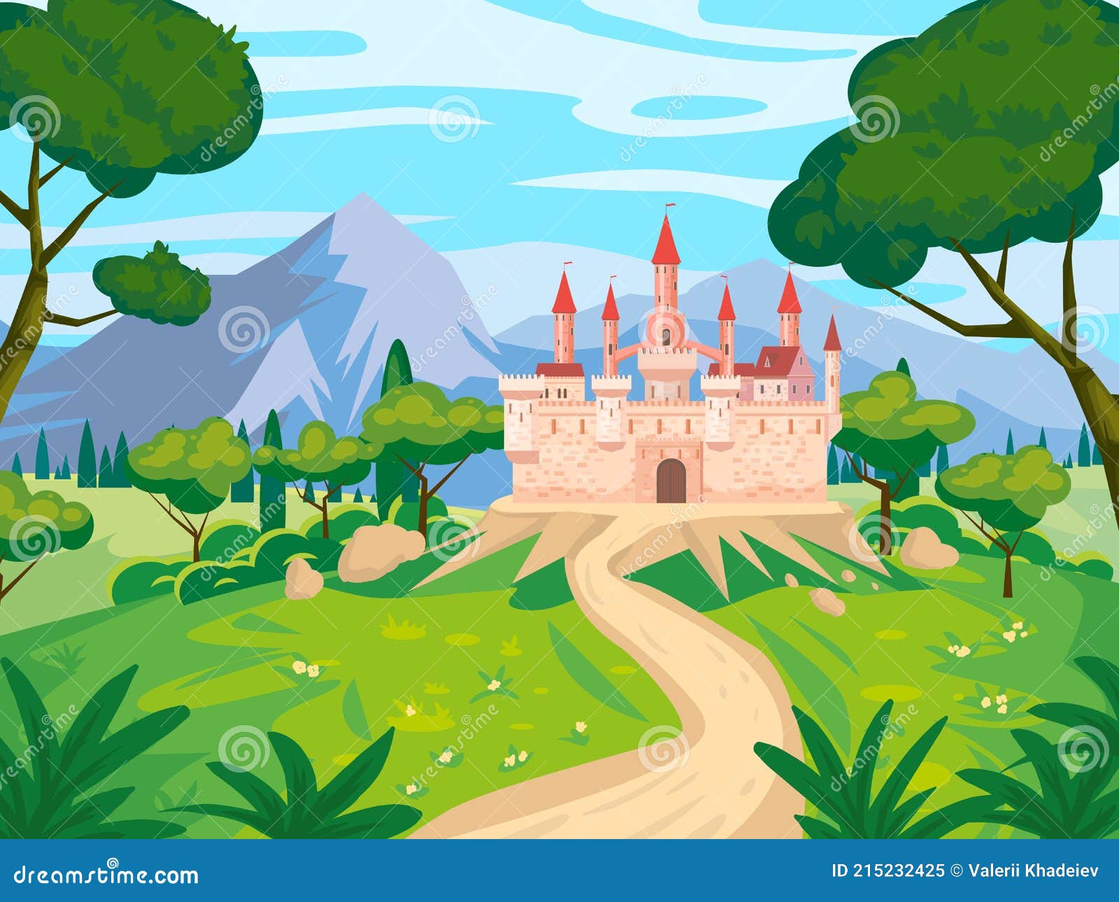 Fantasy Landscape with Castle Medieval Kingdom Rural Countryside. Fairytale  Background Mountaines, Trees, Flora, Field Stock Vector - Illustration of  hill, scene: 215232425