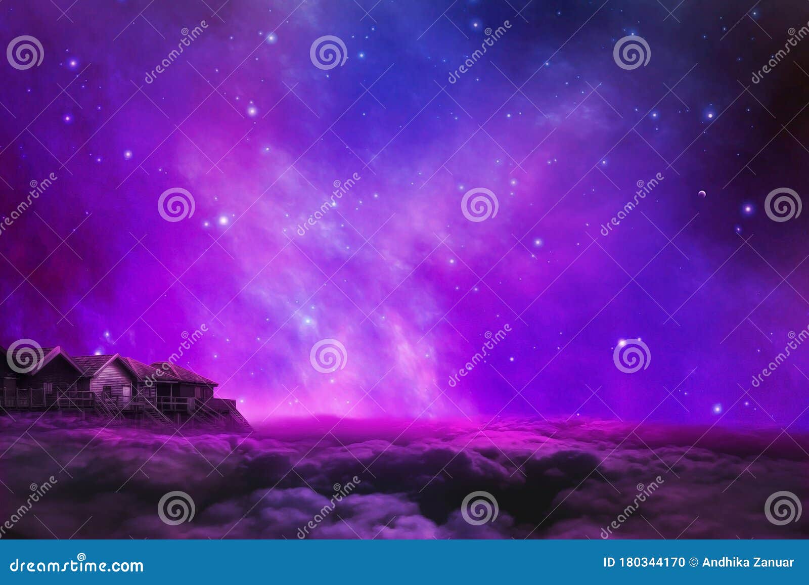 Fantasy Landscape - Home Silhouette with Sea of Clouds and Galaxy in the  Sky Stock Photo - Image of mysterious, nature: 180344170