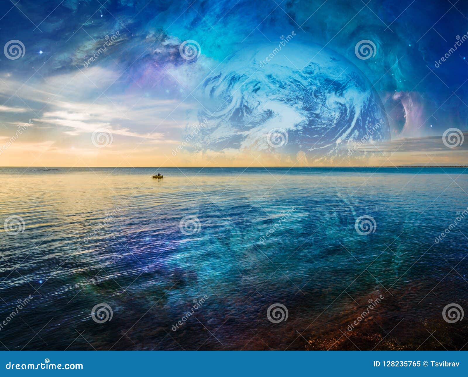 fantasy landscape - lonely fishing boat floating on tranquil ocean water.