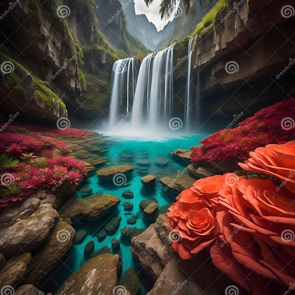 Fantasy Landscape with Waterfall and Red Roses. Generative Ai Stock ...