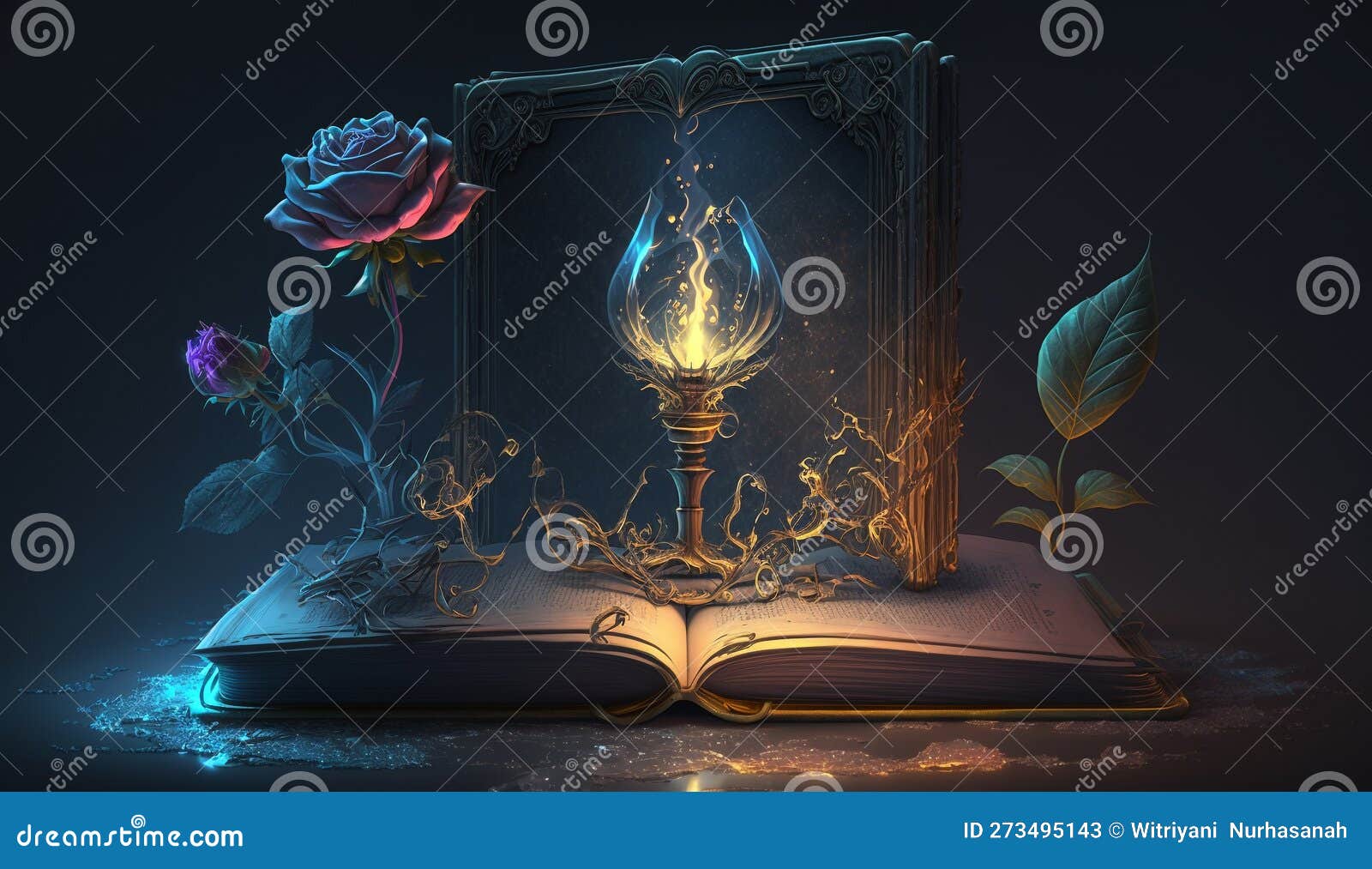 Fantasy Magic Dark Background with a Magic Rose Stock Illustration