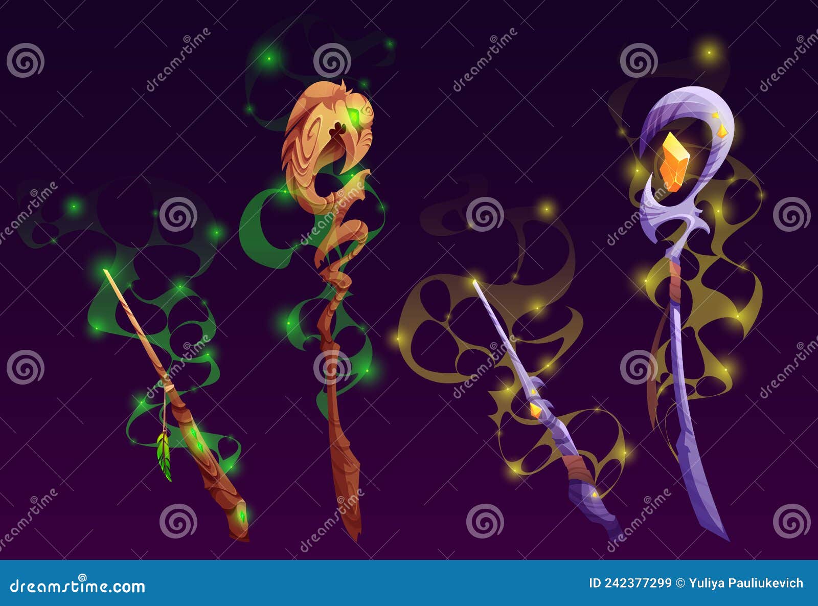 fantasy magic staves and wands, wizard scepters