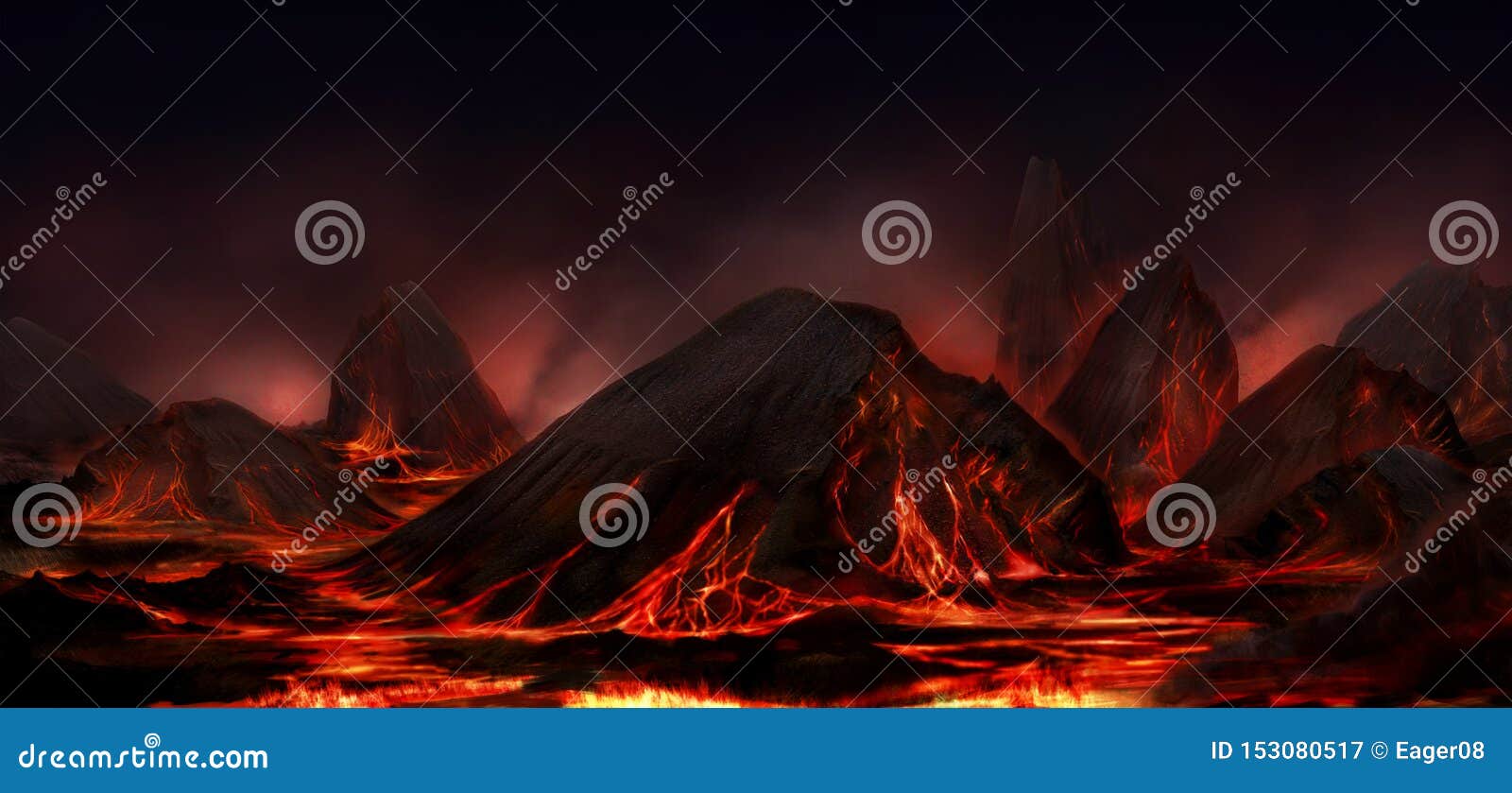 fantasy night mountains and lava dark landscape