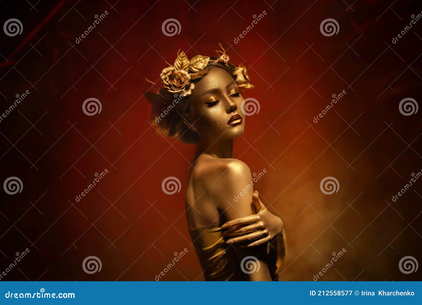 Portrait Closeup Beauty Fantasy Woman Face Gold Paint Golden Shiny