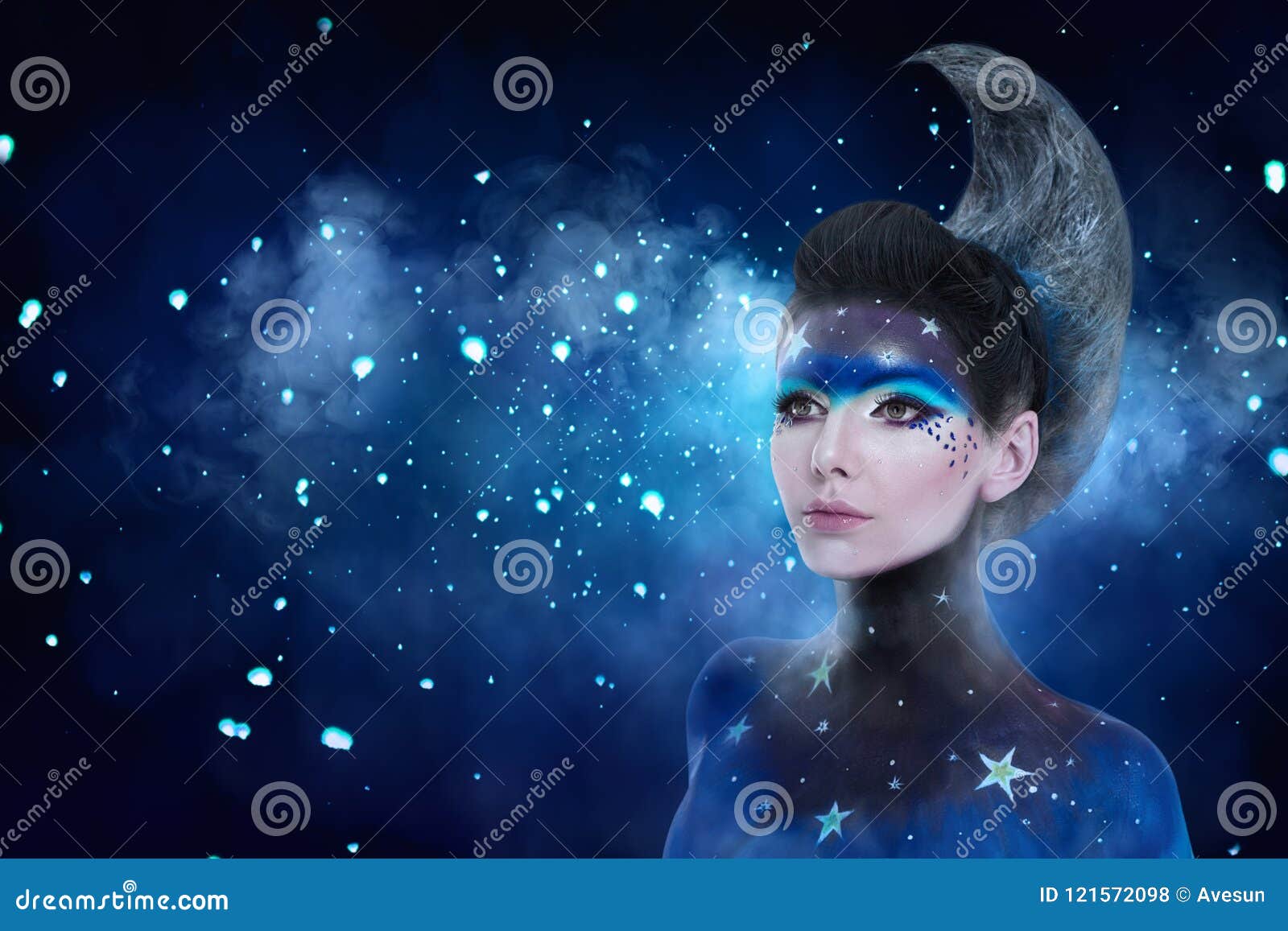 fantasy portrait of moon woman with stars make-up and moon style hairdo