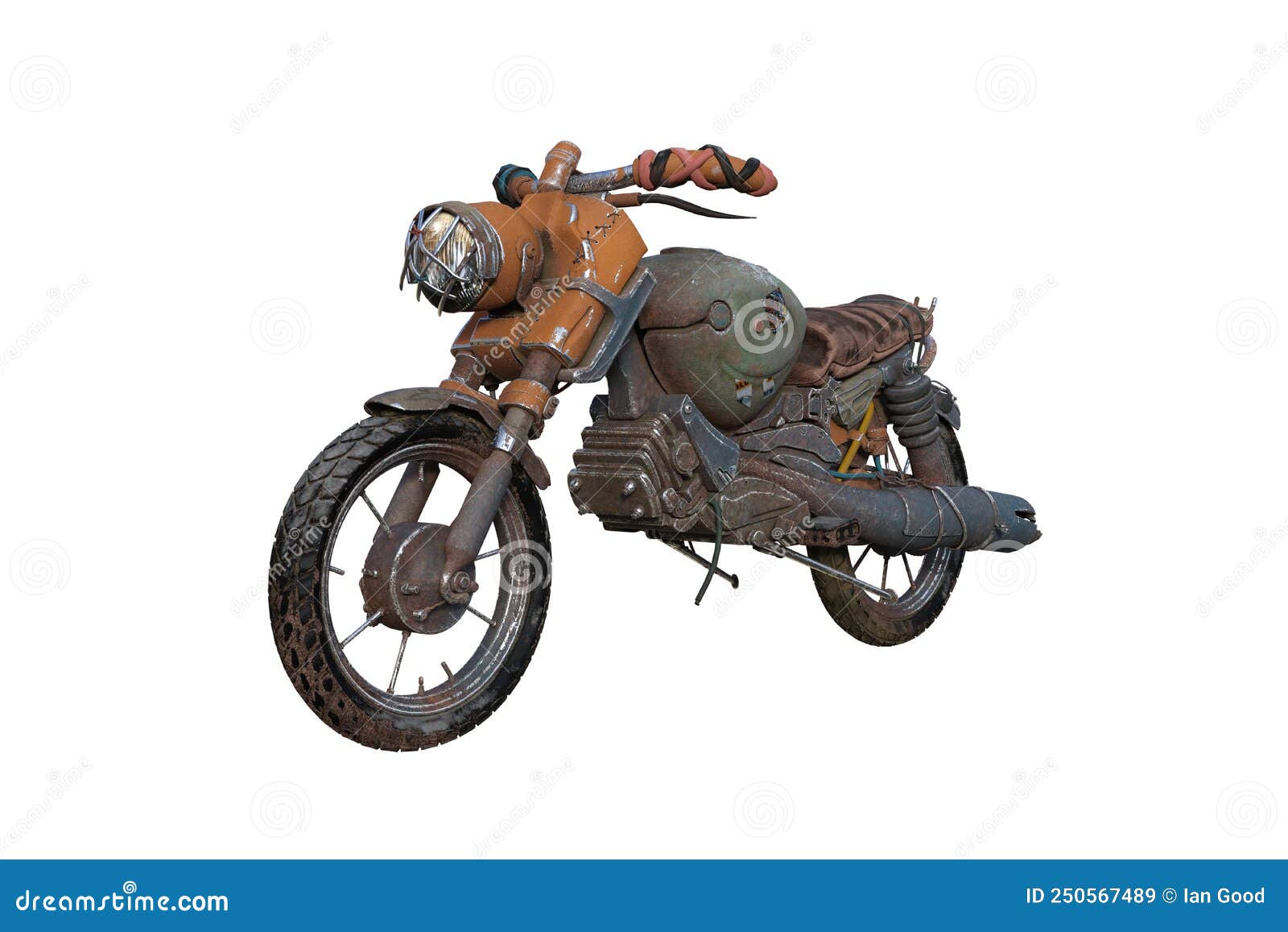 fantasy post apocalyptic motorcycle made of scrap parts. 3d rendering  on white background