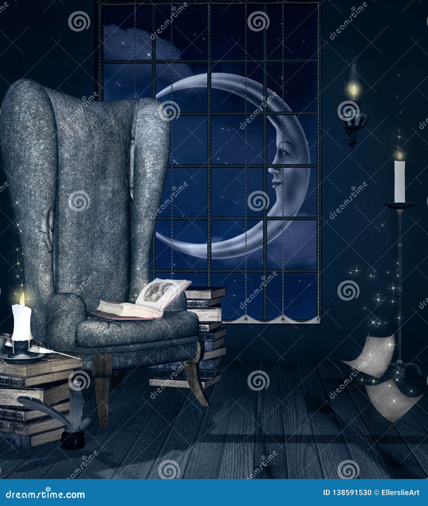 fantasy reading room by night with a cozy armchair and lots of books