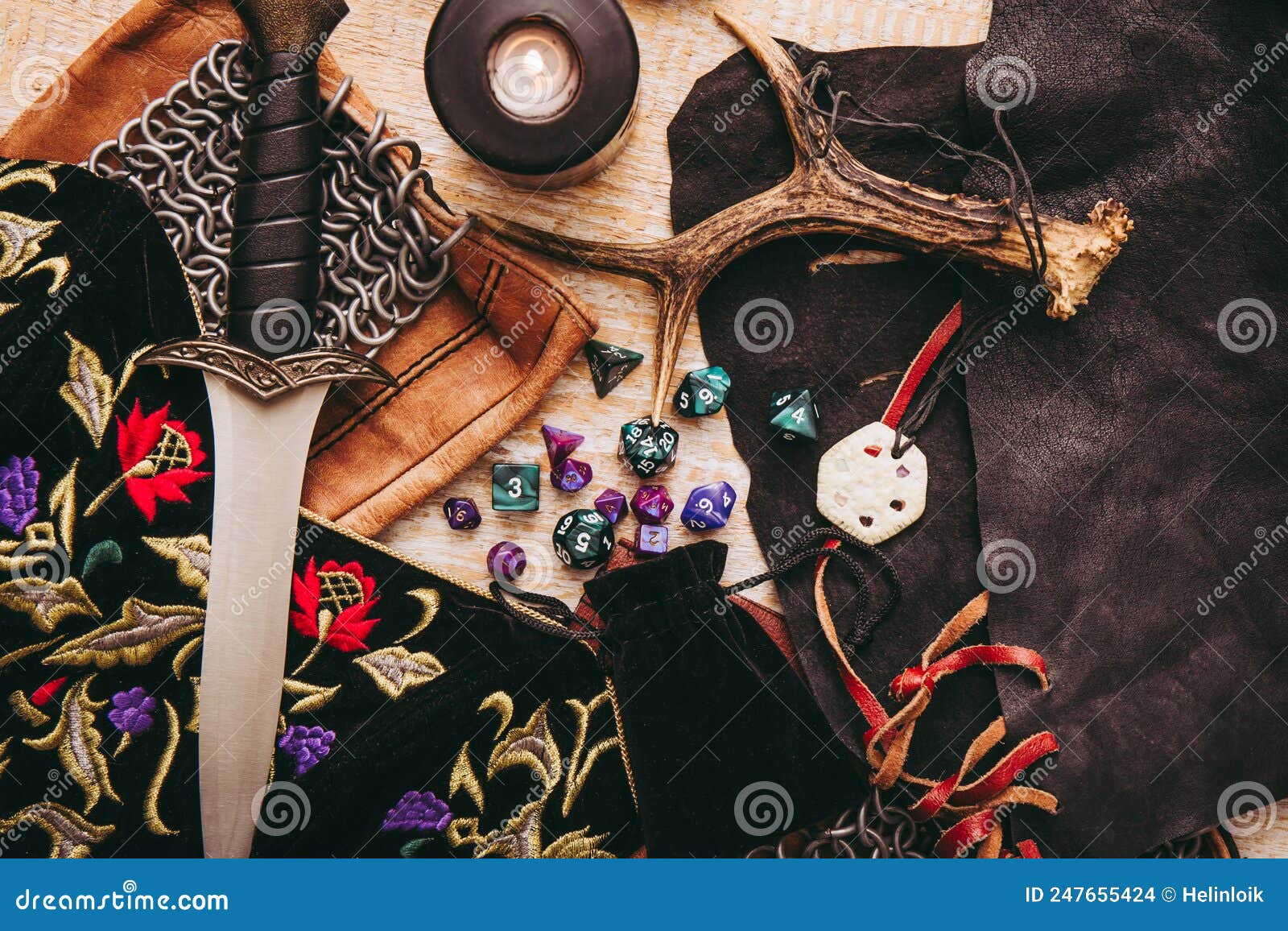 Fantasy Role Play Board Game Still Life Concept. Background Decorated with Various Character