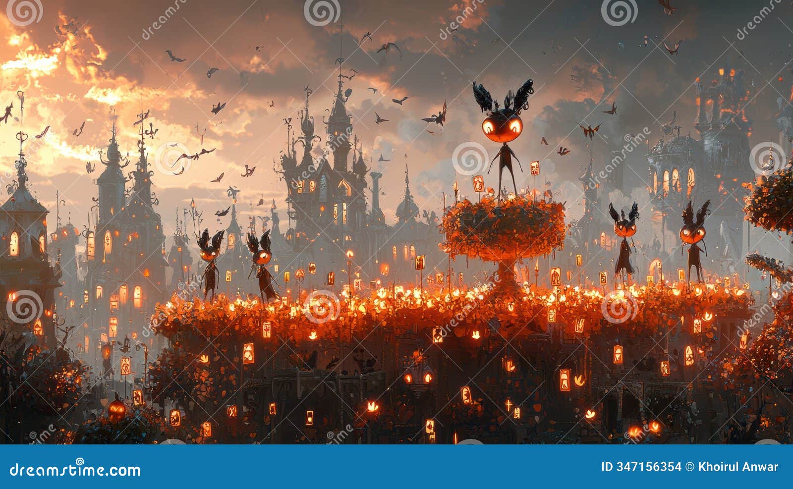 a fantasy scene with a dark silhouetted creature on a stage with a crowd of smaller creatures in a setting of flickering