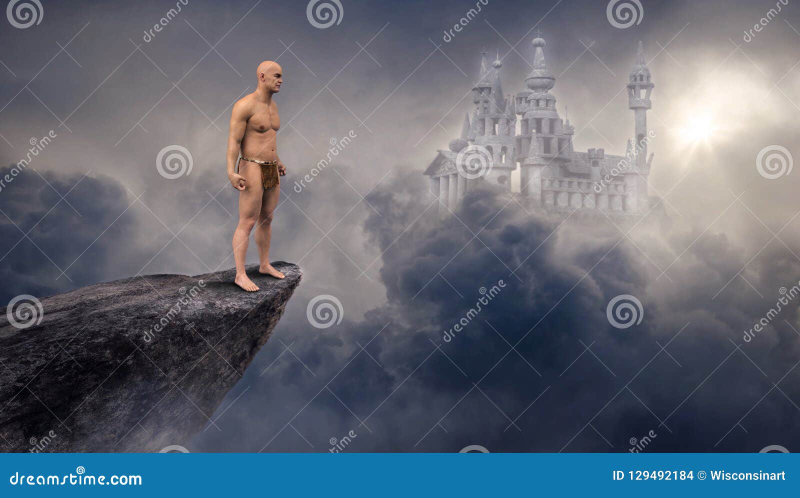 fantasy science fiction castle, cliff, clouds