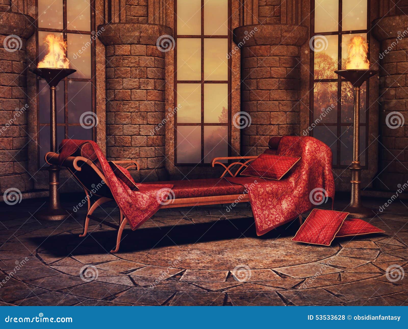 Fantasy sofa and torches stock illustration. Illustration of interior