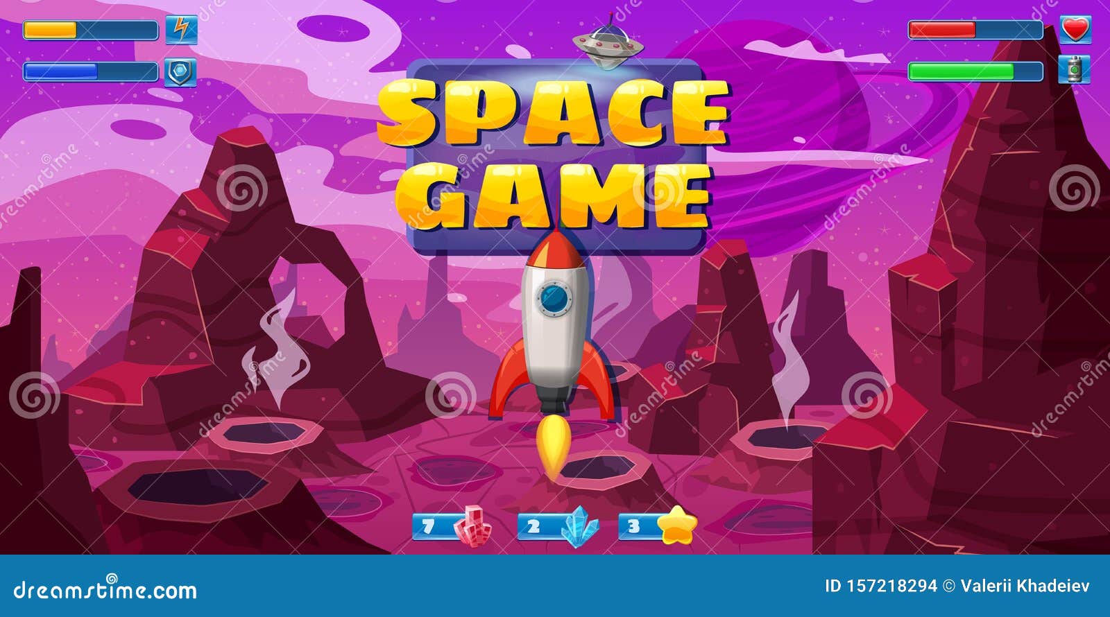 Fantasy Space Cartoon Game Concept Background and Ui Basic Buttons and  Icons. Funny Sci-fi Alien Planet Landscape for a Stock Vector -  Illustration of play, ground: 157218294