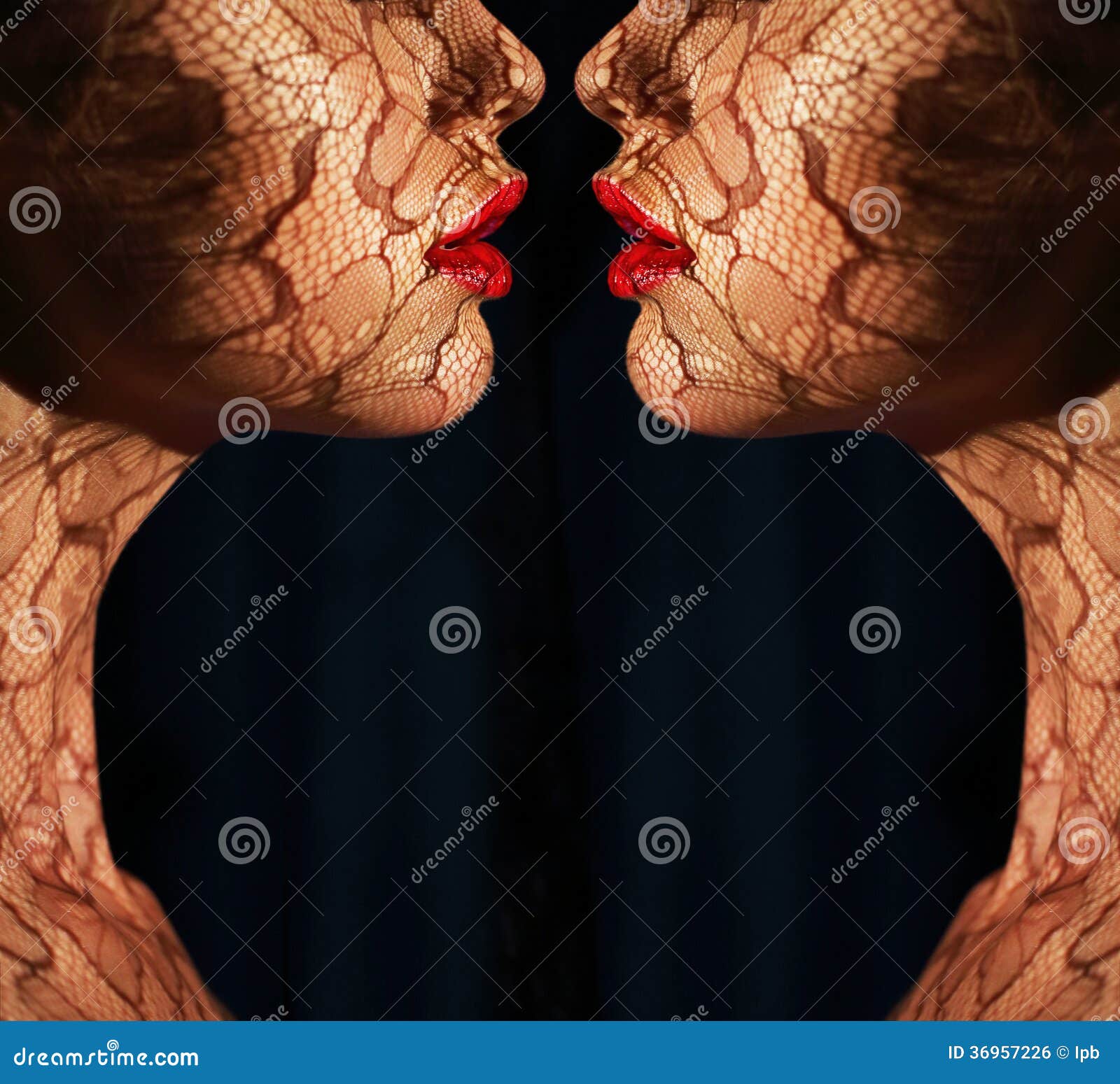 fantasy. two women's faces with tracery opposite each other. reflexion