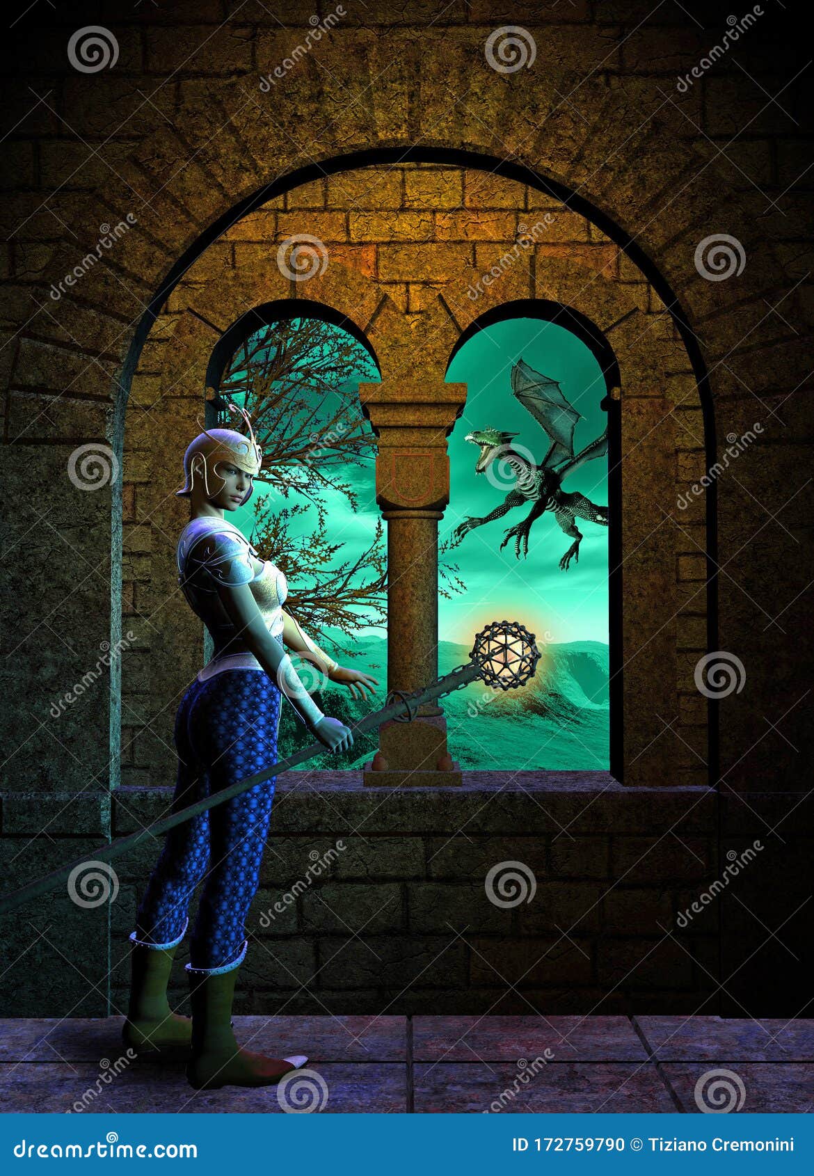 fantasy warrior in the castle, window with fantastico landscape, dragon, mountains and trees, 3d 