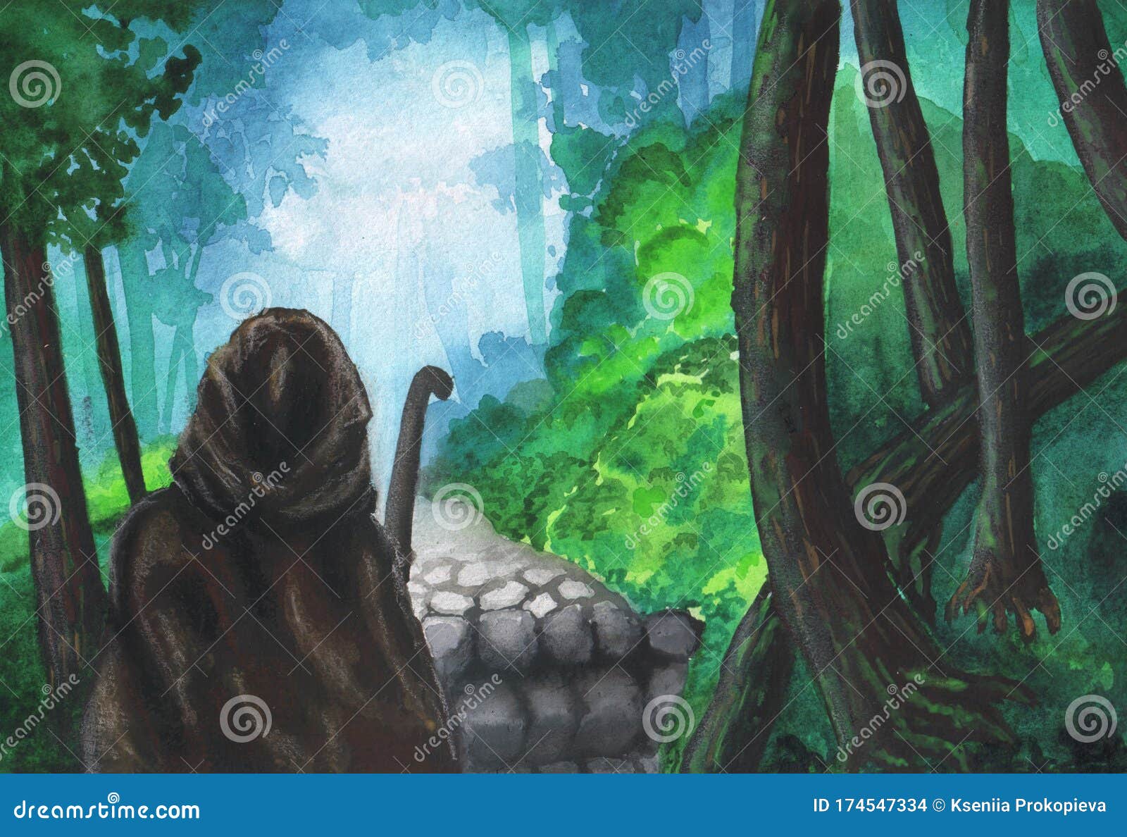 Fantasy Watercolor Drawing Landscape Nature Mysterious Figure In A Cloak In A Green Forest Stock Illustration Illustration Of Game Acrylic