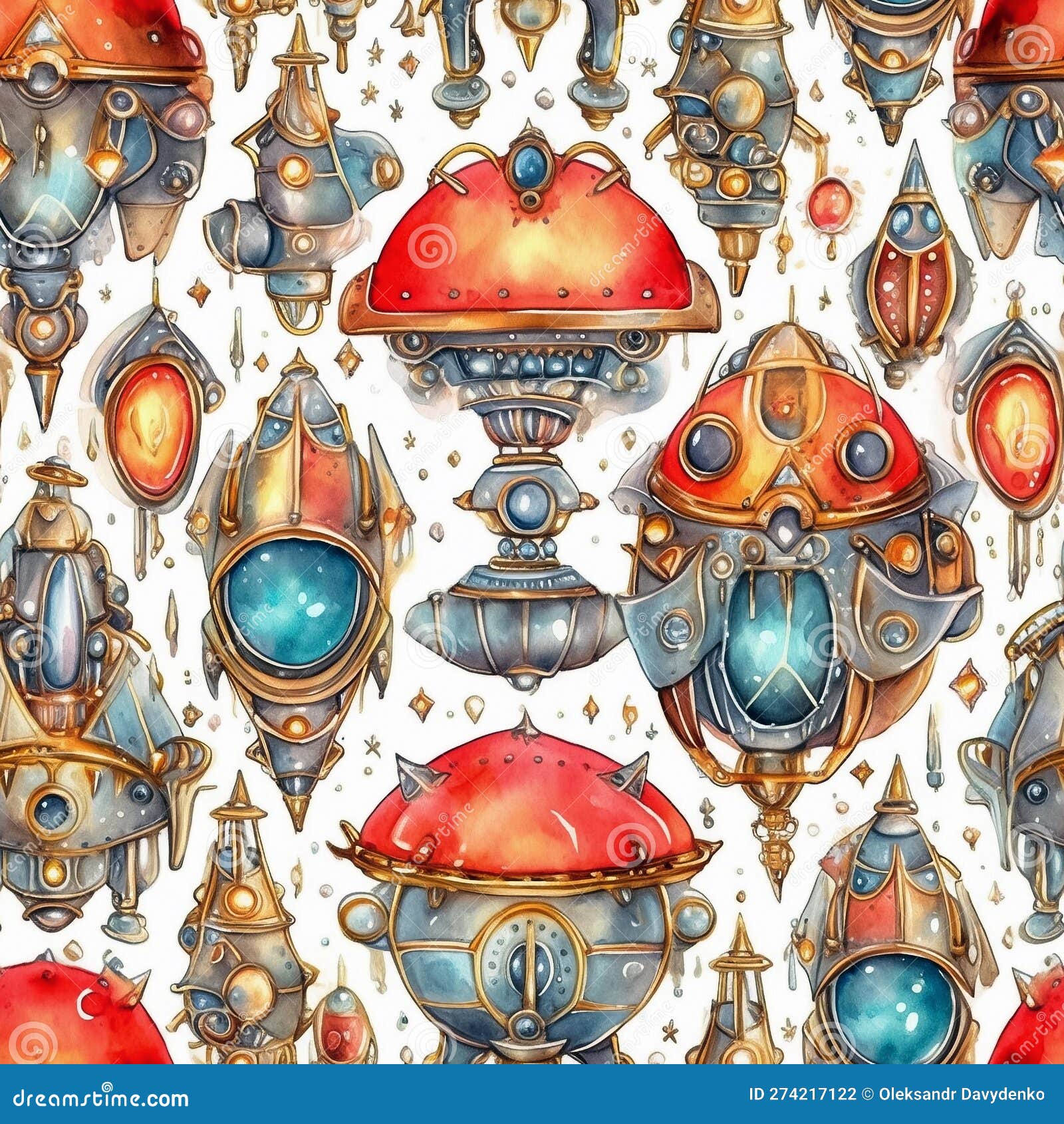 fantasy watercolor seamless pattern with cartoon alien spaceships. whimsical cosmic background with spacecrafts for textile fabric