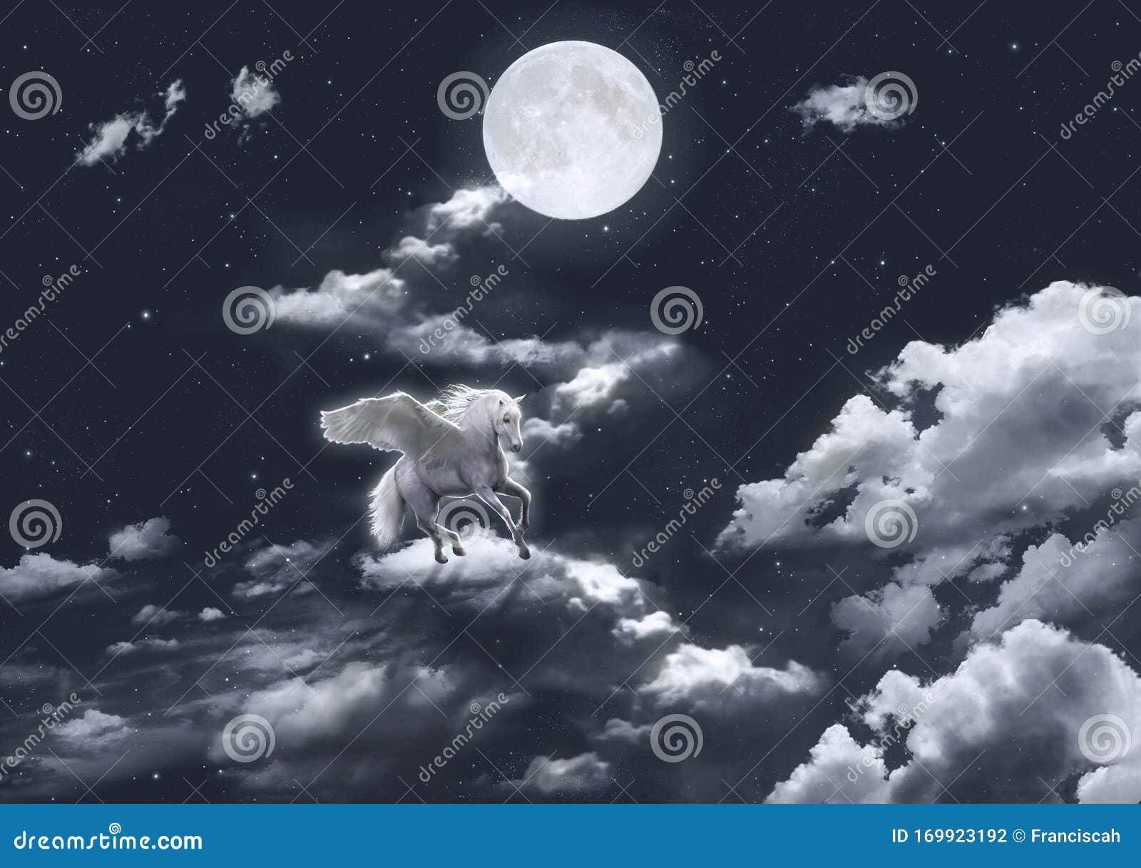 Fantasy Winged Horse Flying in the Sky. 3D Rendering Stock Illustration