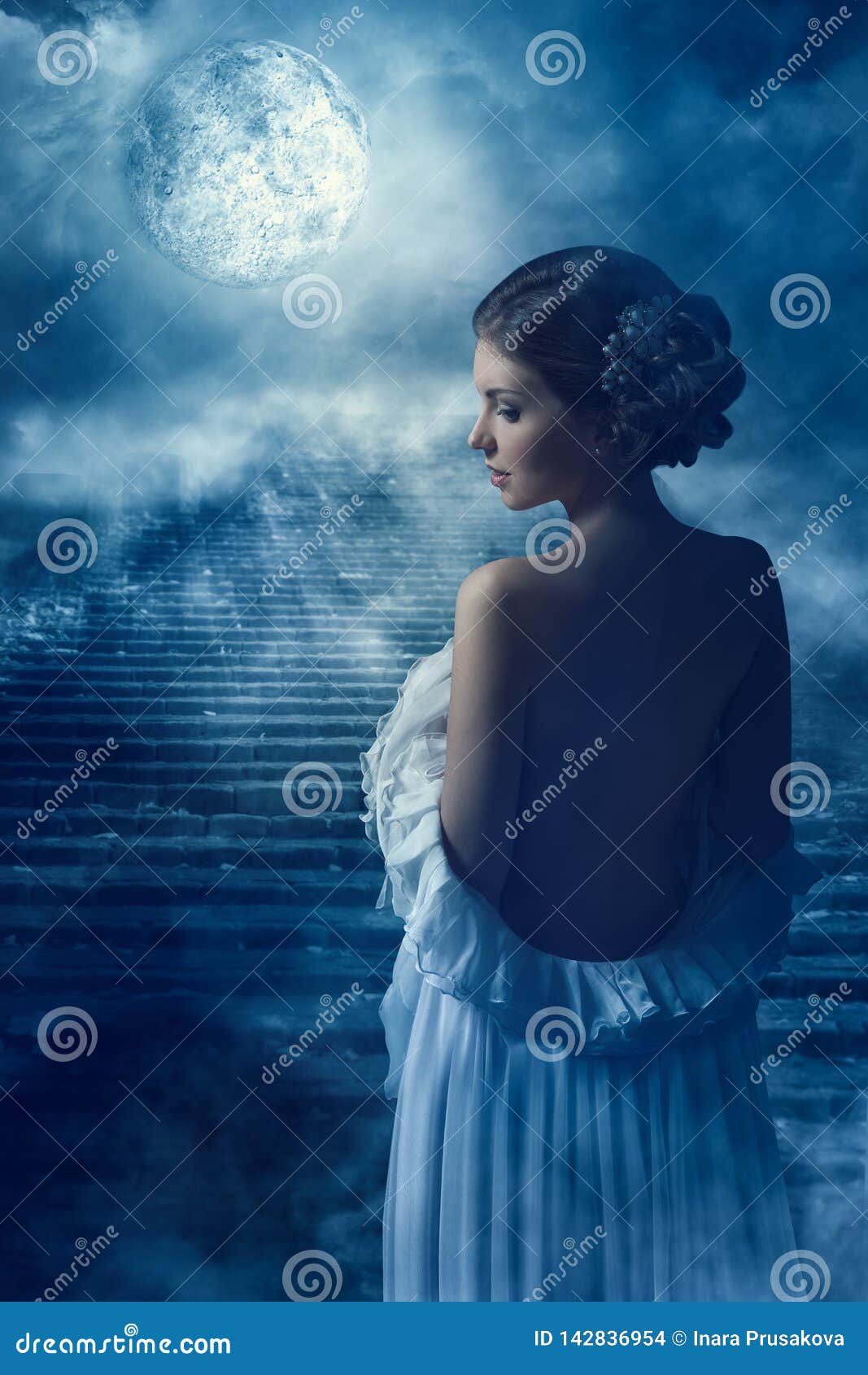 fantasy woman back rear view portrait in moon light, fairy mystic girl in night