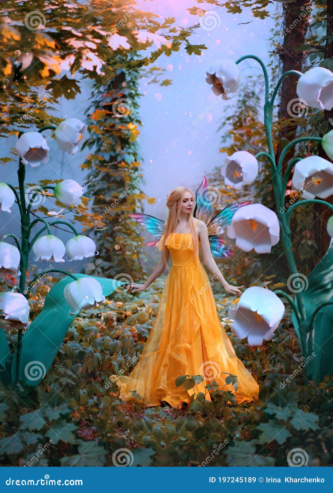 A Fantasy Woman Forest Fairy. Fashion Model in Yellow Dress with