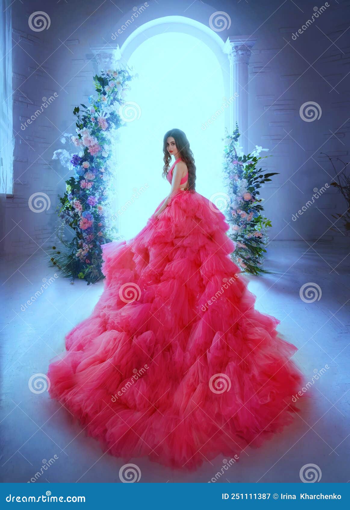 Full Length Portrait Girl Wearing Long Red Silk Gown Standing Stock Photo  by ©faestock 298887234