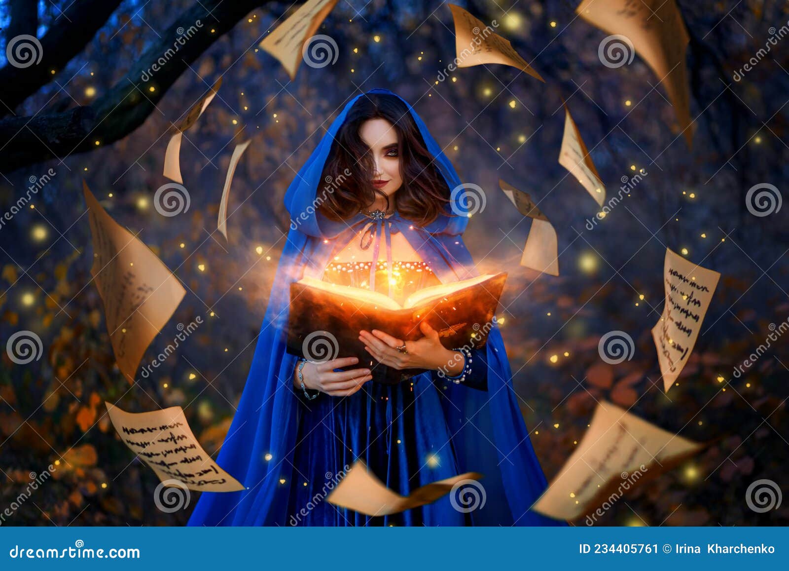 Fantasy Woman Witch Magician in Hood Holds in Hands Magic Book, Bright  Orange Light Spells, Wind Scatters Fall Sheets Stock Image - Image of  female, girl: 234405761
