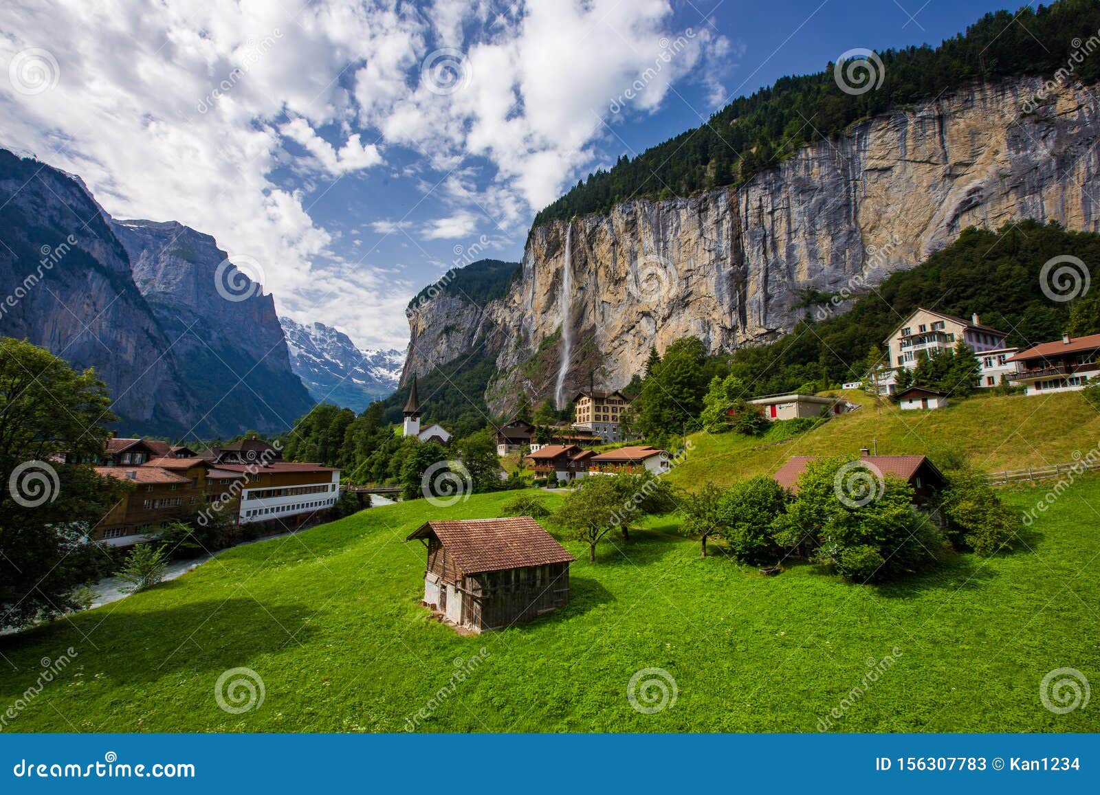 Faouse View of Lauterbrunnen Town in Swiss Alps Valley with Gorgeous