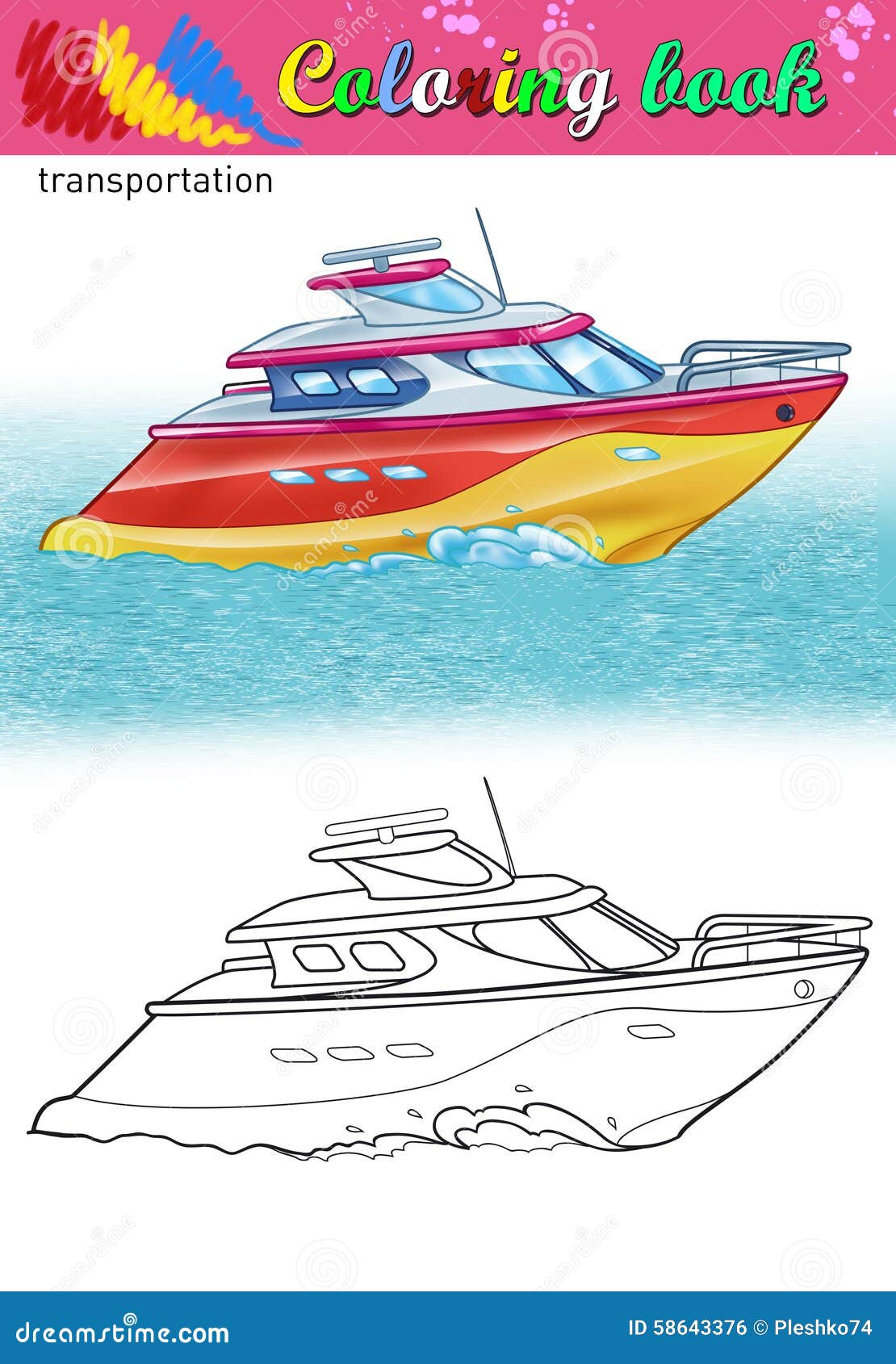 Farbton der modernen Yacht Malbuch für Kinder Farbyacht-Ameisenentwurfszeichnung auf weißem Hintergrund