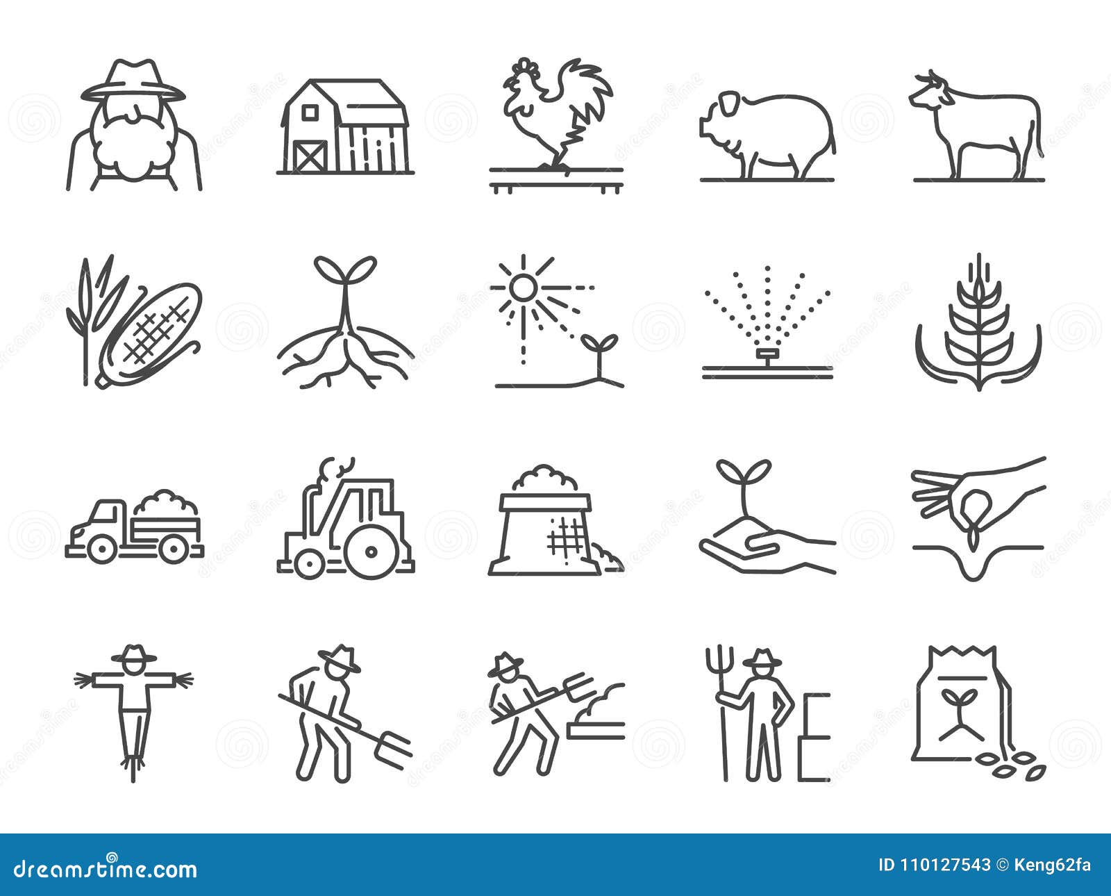 farm and agriculture line icon set. included the icons as farmer, cultivation, plant, crop, livestock, cattle, farm, barn and more
