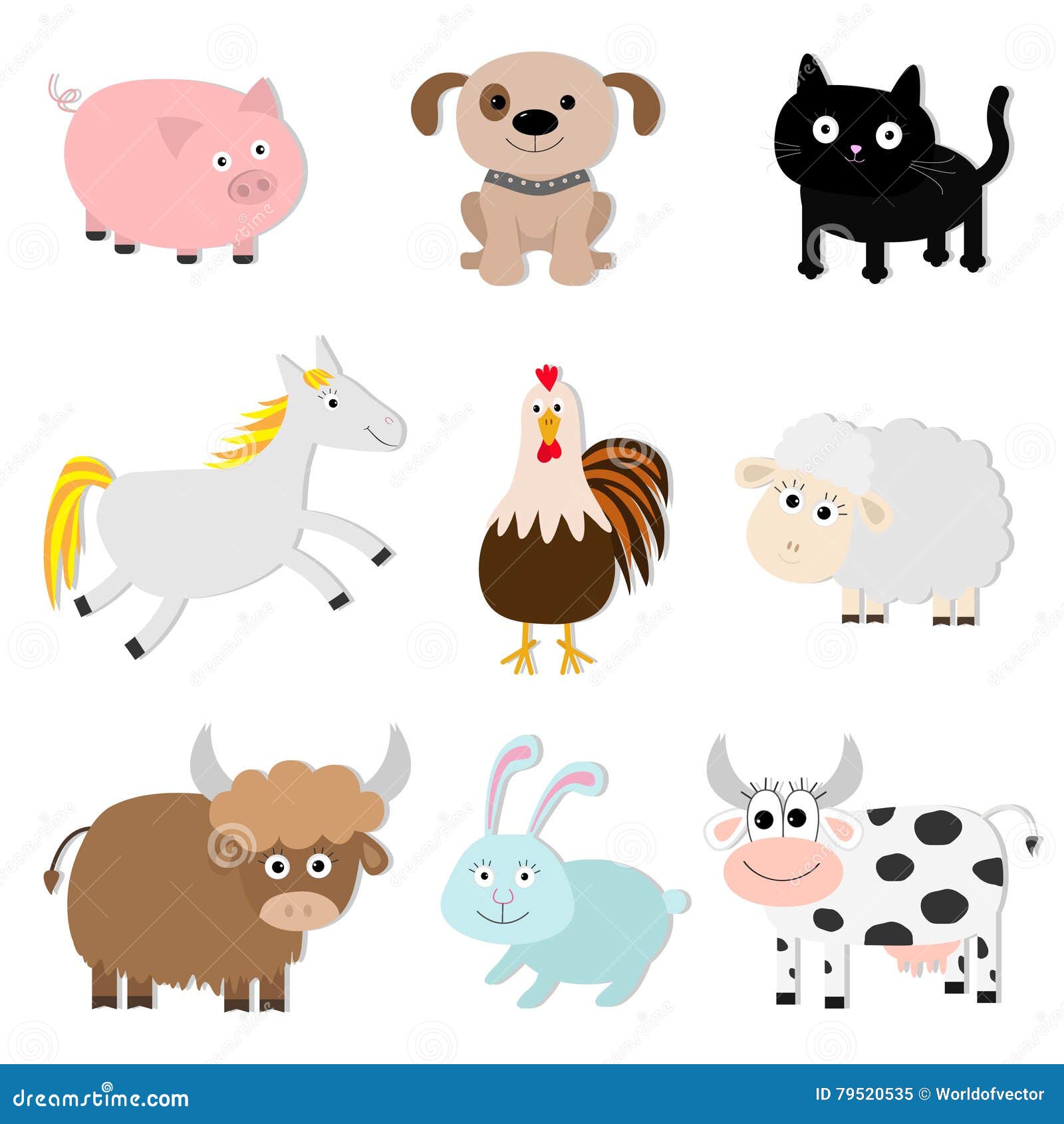 Farm Animal Set. Pig, Cat, Cow, Dog, Rabbit, Ship Horse, Rooster Stock  Vector - Illustration of drawing, natural: 79520535