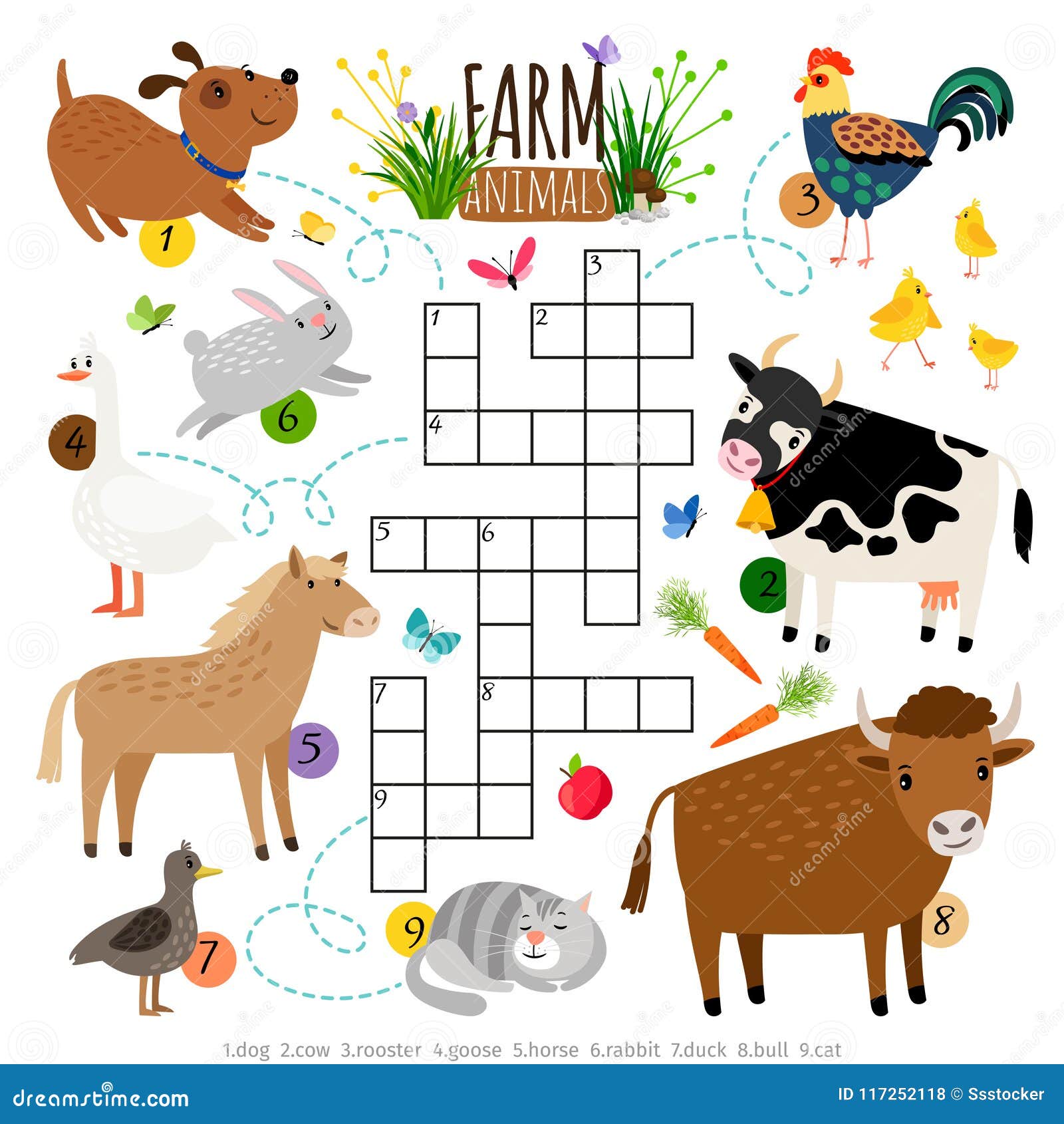 Farm Animals Crossword. Kids Crossing Word Search Puzzle Game With Cat