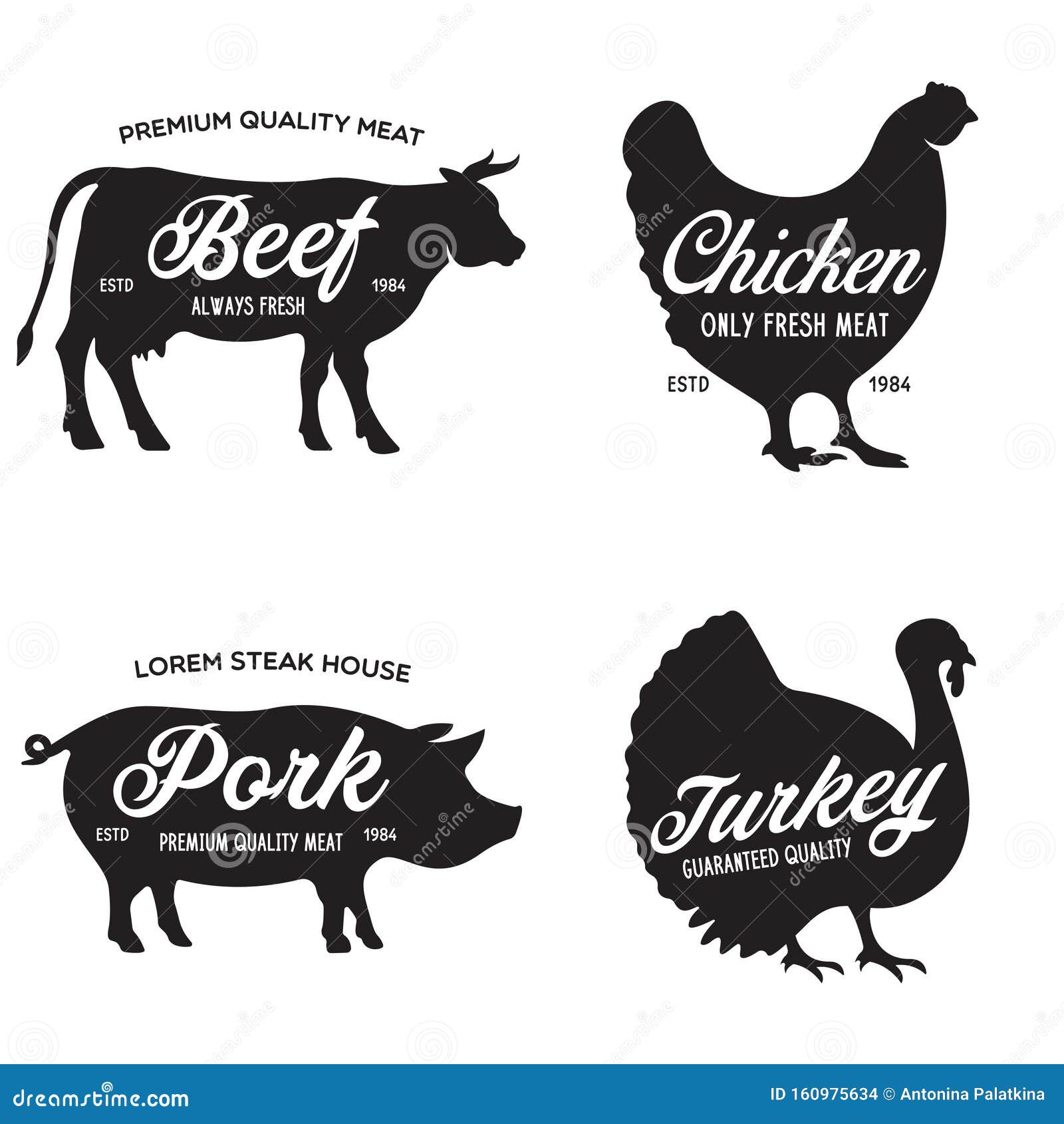 Farm Animals Icons Set. Collection of Labels with Beef, Chicken, Pork,  Turkey, Butcher Shop, Steak House Stock Illustration - Illustration of  design, pork: 160975634